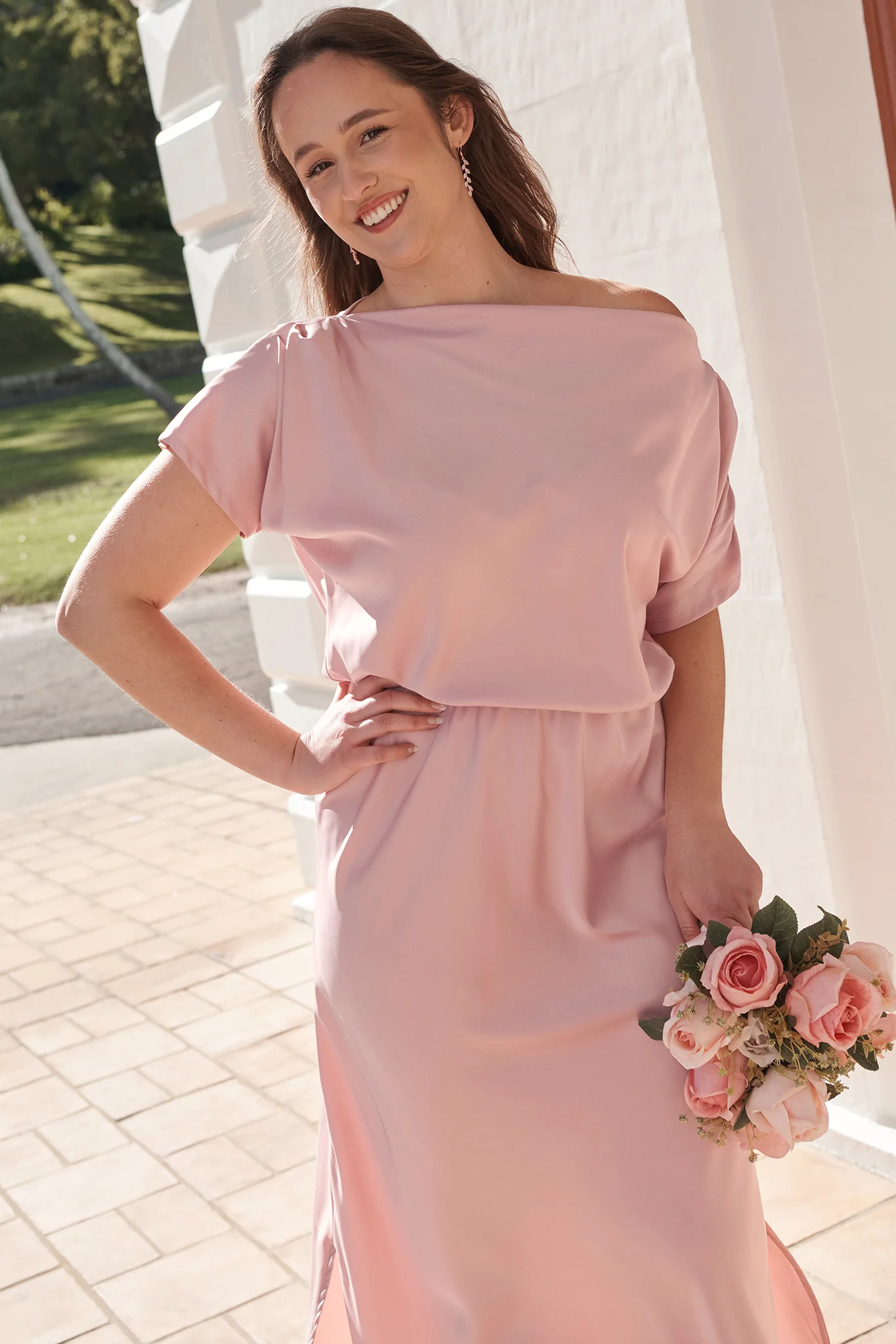 Forever And Always Maxi Off Shoulder Dress in Blush Satin - Image 2