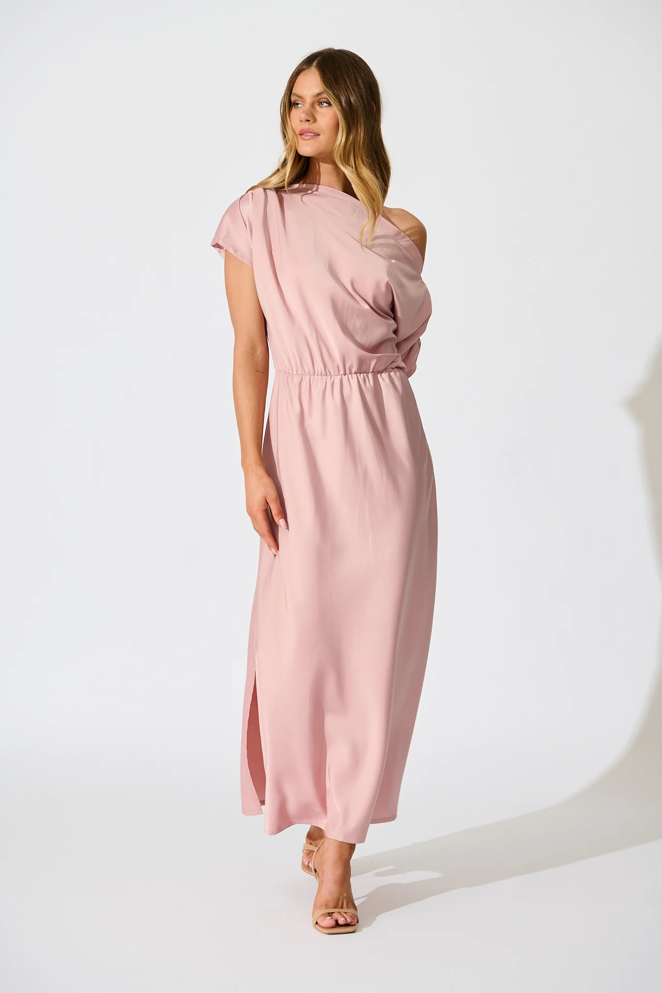 Forever And Always Maxi Off Shoulder Dress in Blush Satin - Image 4
