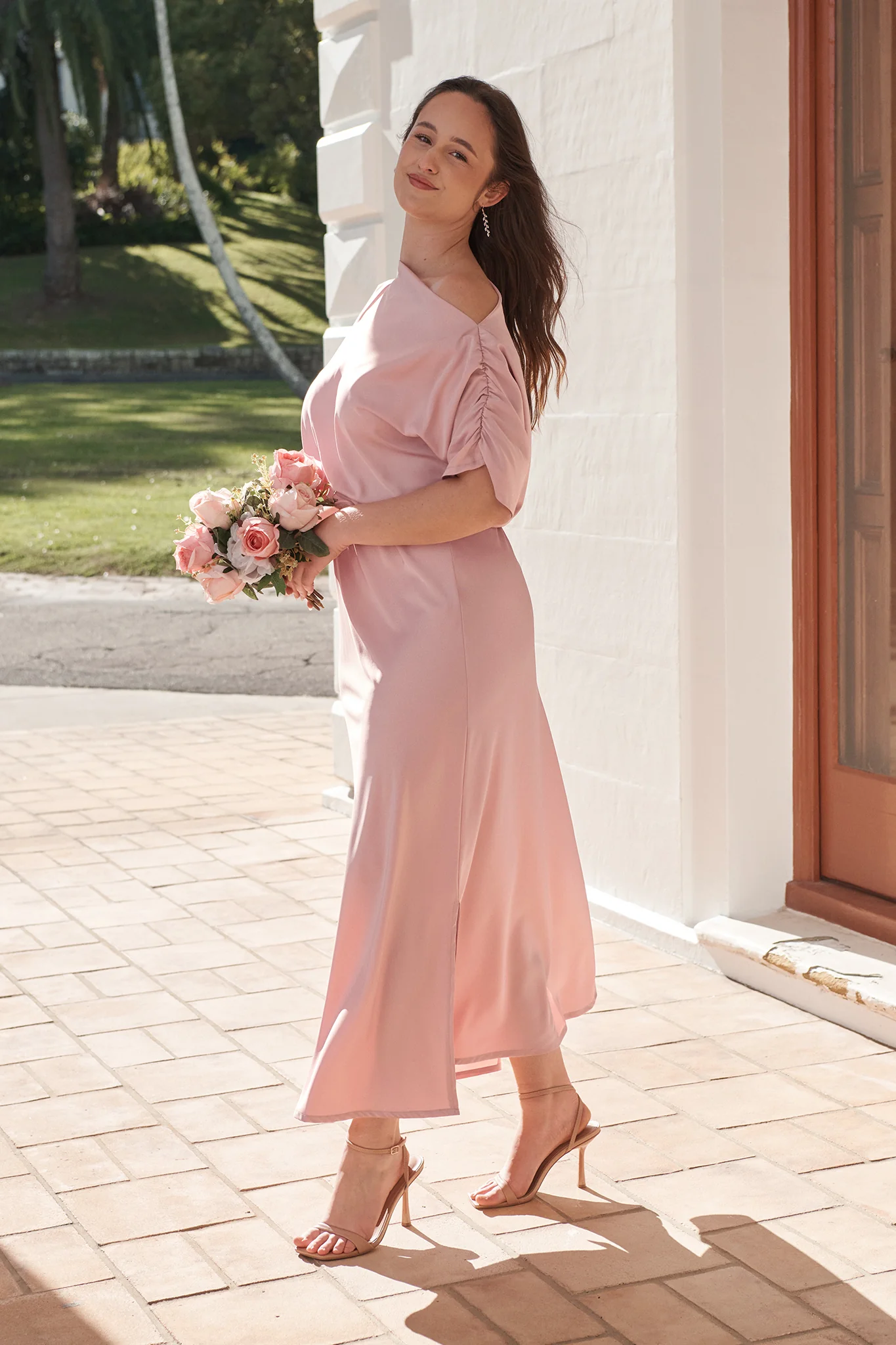 Forever And Always Maxi Off Shoulder Dress in Blush Satin - Image 5