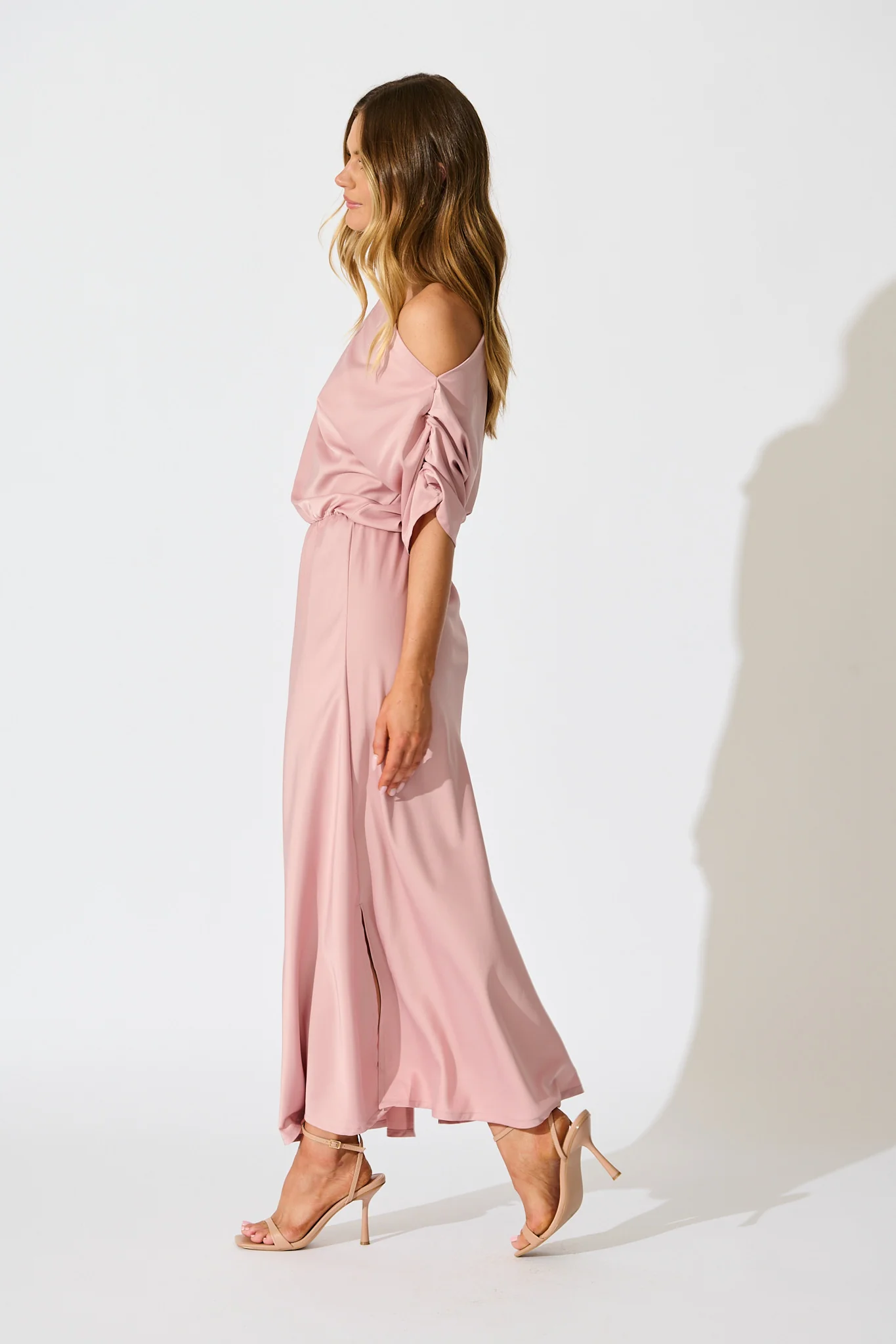 Forever And Always Maxi Off Shoulder Dress in Blush Satin - Image 8