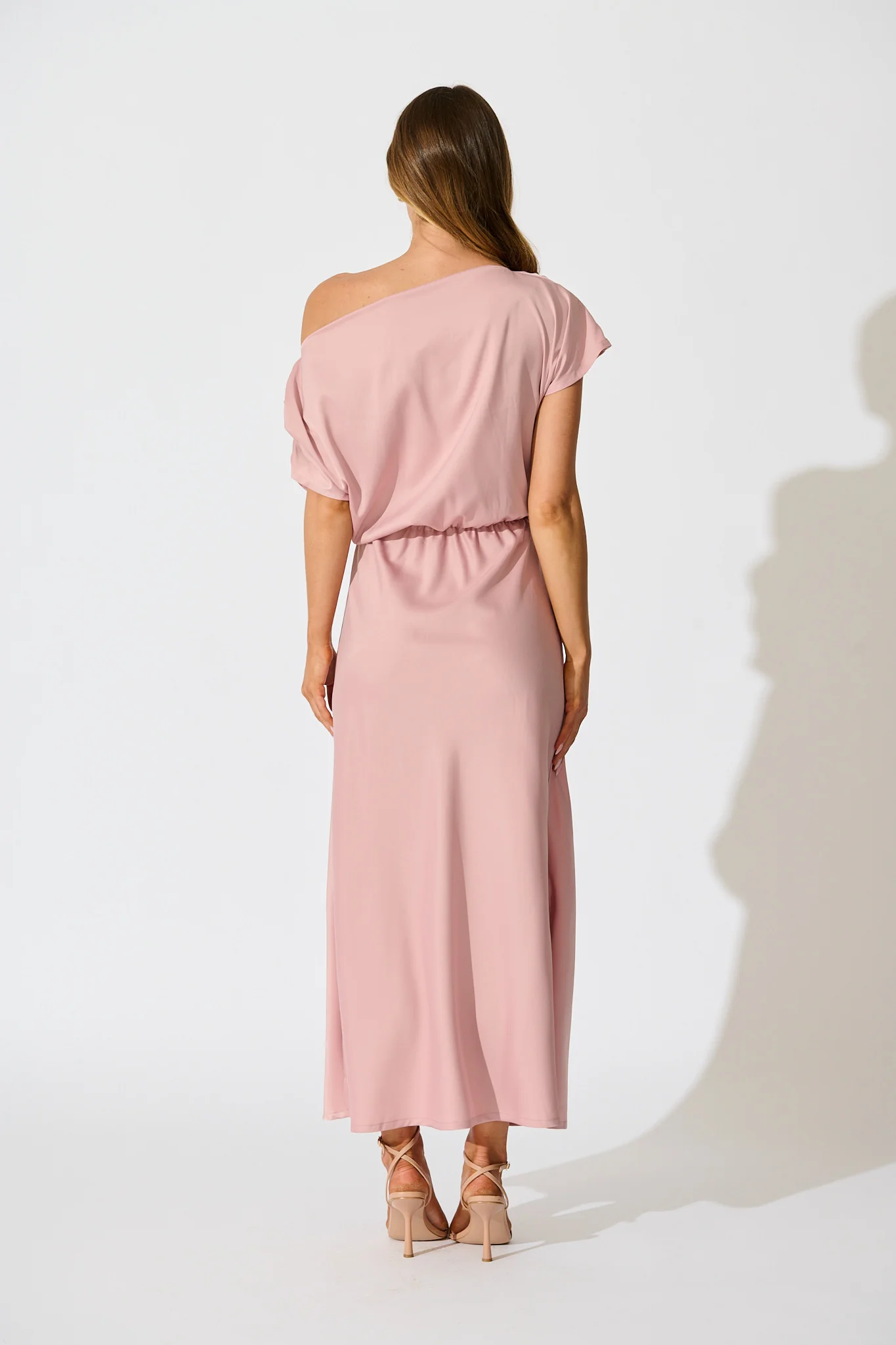 Forever And Always Maxi Off Shoulder Dress in Blush Satin - Image 9