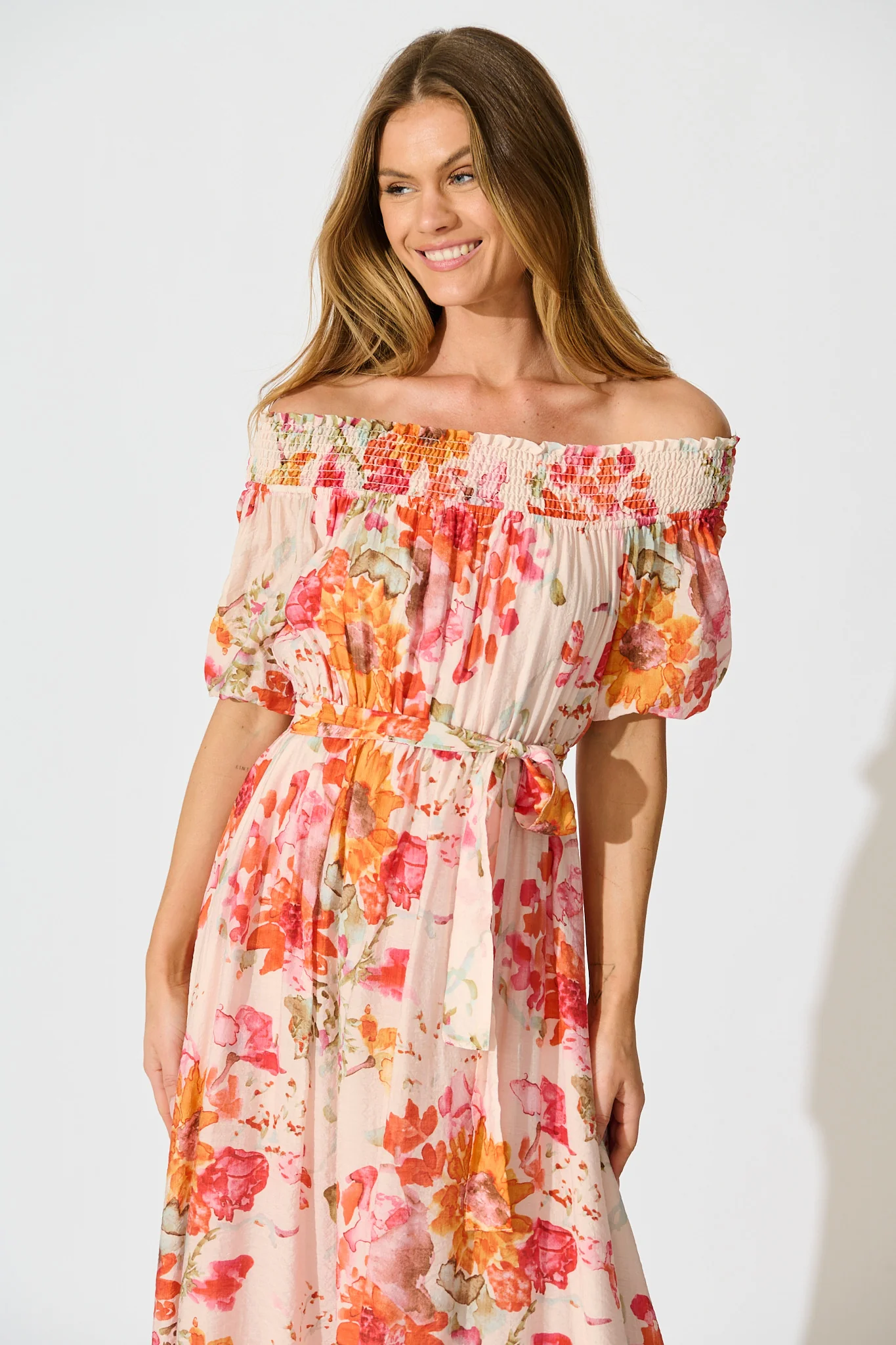 Fotini Off the Shoulder Dress in Blush with Tangerine Floral - Image 2