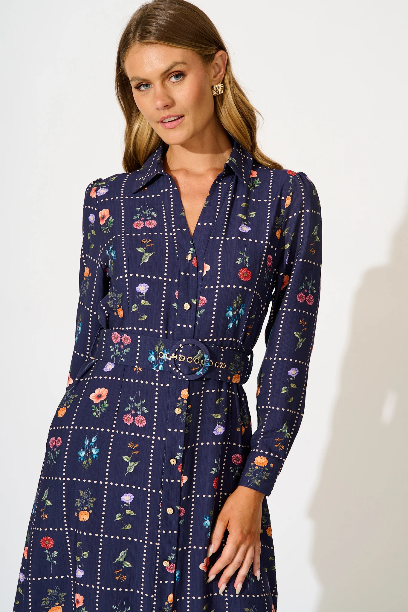 Framed in Florals Midi Shirt Dress in Navy with Multi Floral - Image 2