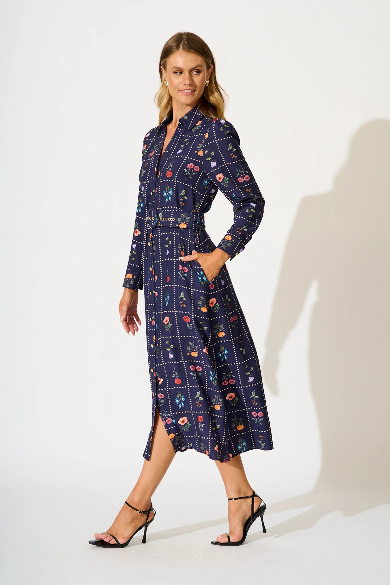 Framed in Florals Midi Shirt Dress in Navy with Multi Floral - Image 3