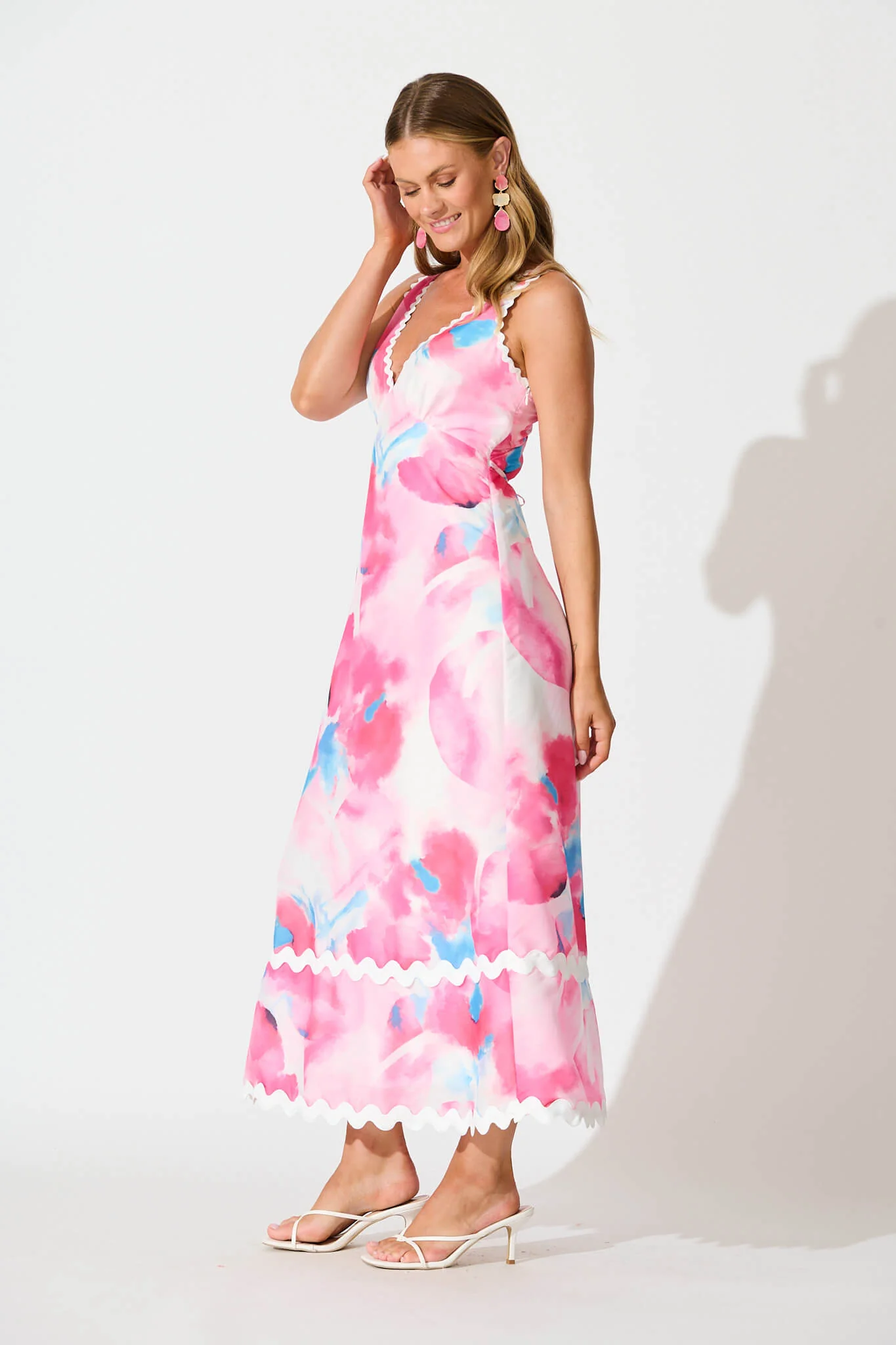 Franca Maxi Dress in Pink Watercolour with Ric Rac Trim - Image 3