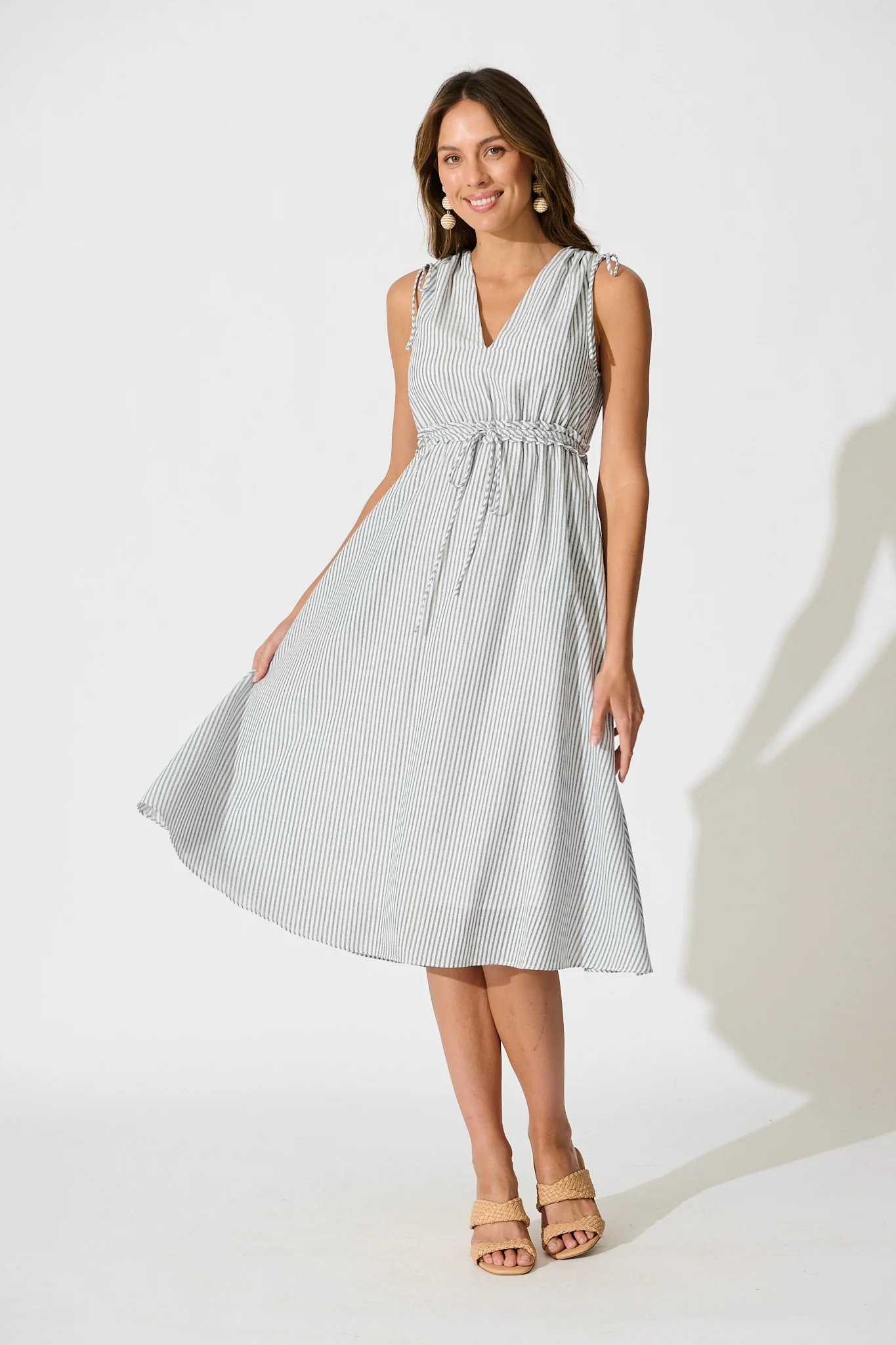 Frawley Midi Dress in Blue Stripe Linen Blend