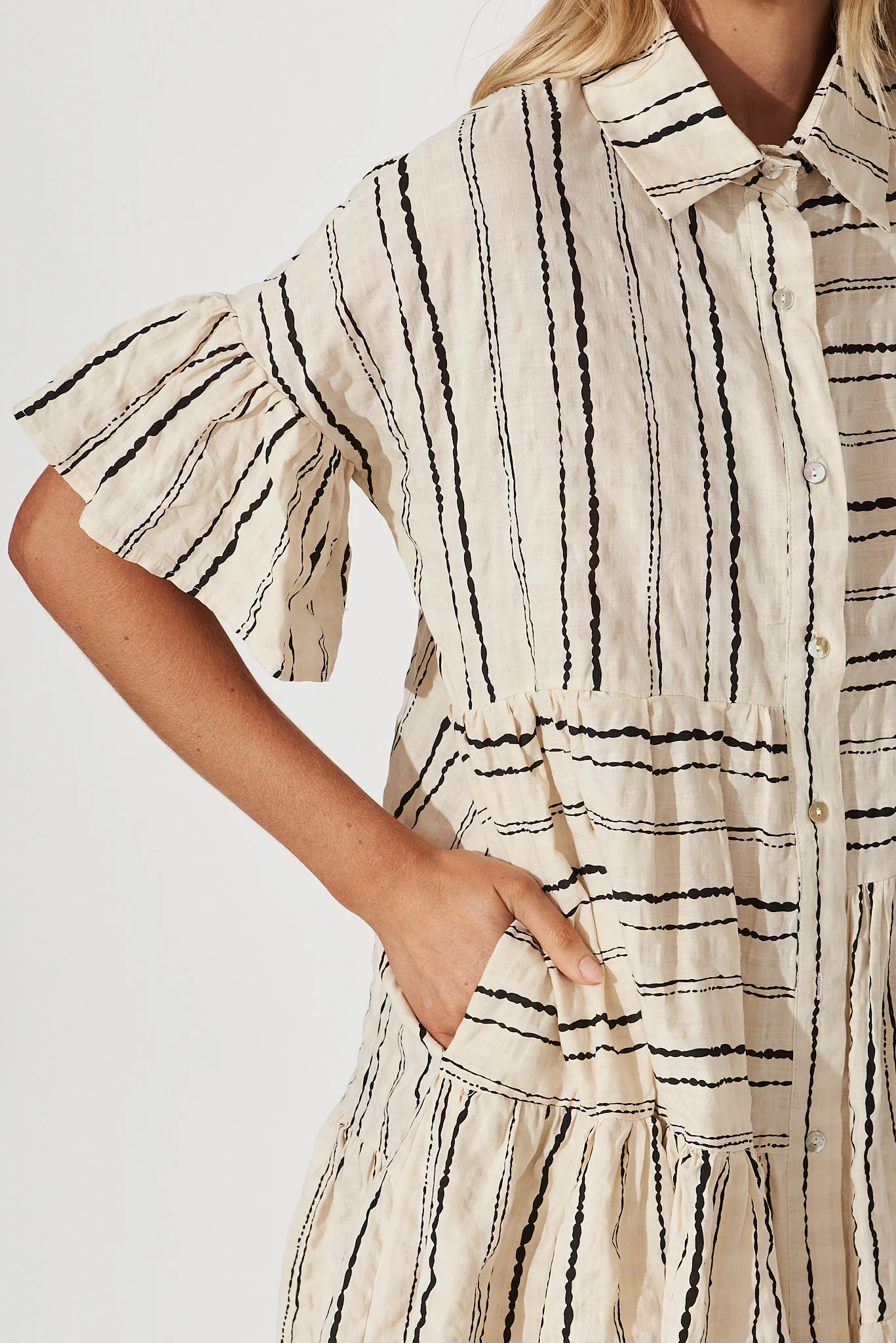 Freya Shirt Dress In Beige With Black Stripe Cotton - Image 6