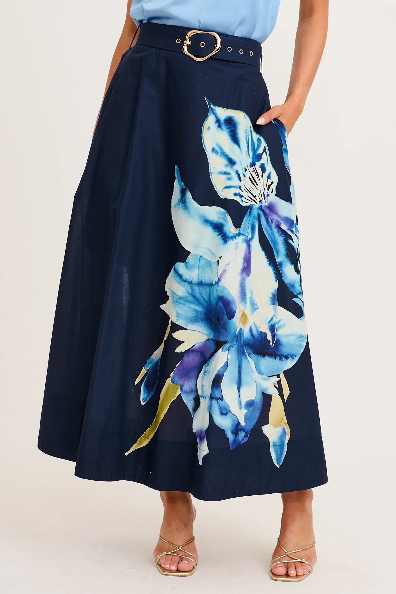 From The Heart Maxi Skirt in Navy with Blue Floral Cotton