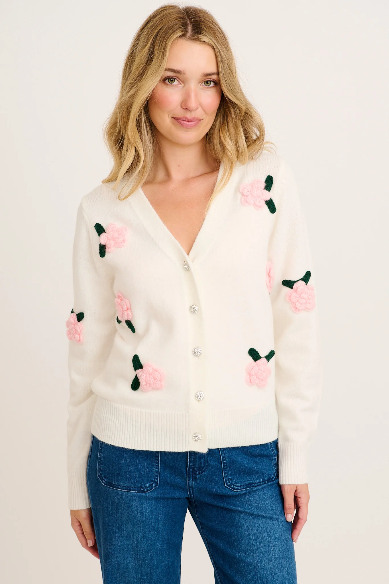 Fuzzy Feeling Knit Cardigan in White with Pink Flower - Image 3