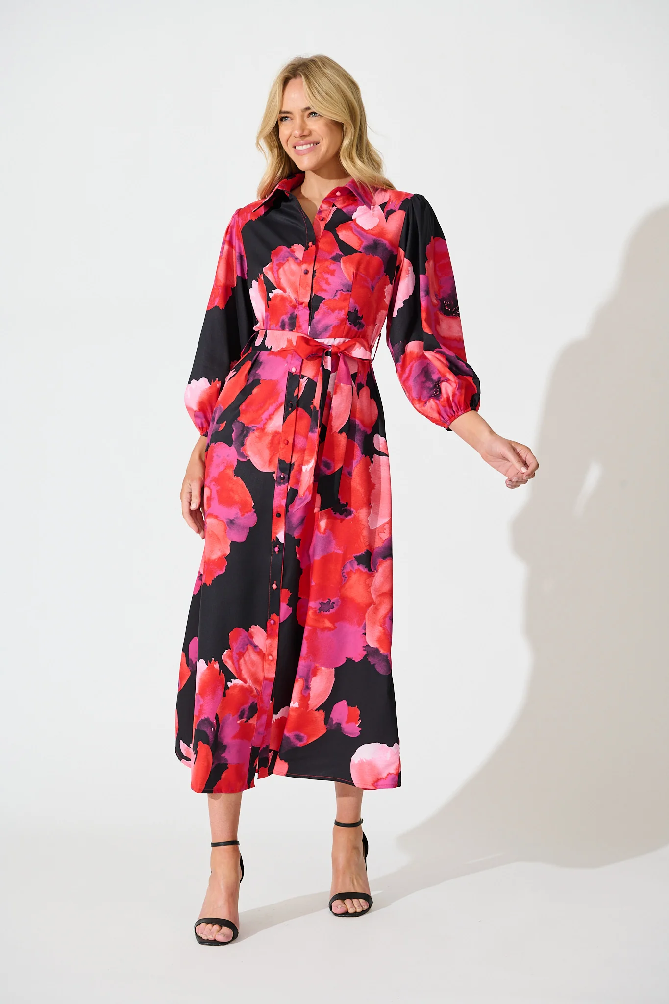 Gabi Maxi Shirt Dress In Black with Berry Watercolour Floral