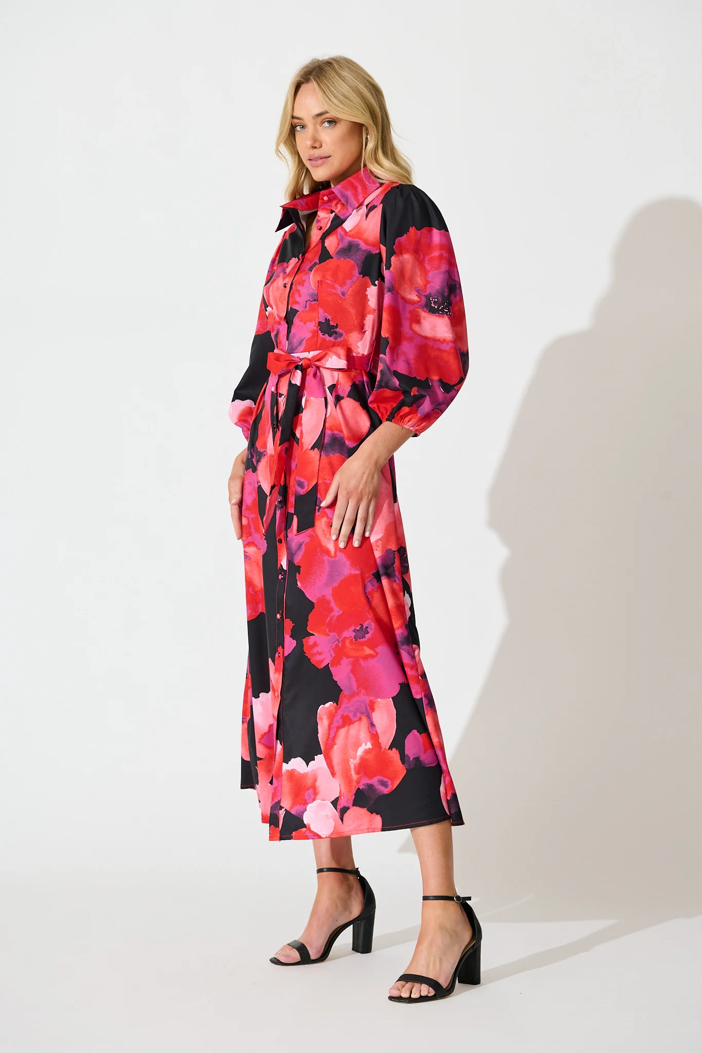 Gabi Maxi Shirt Dress In Black with Berry Watercolour Floral - Image 3