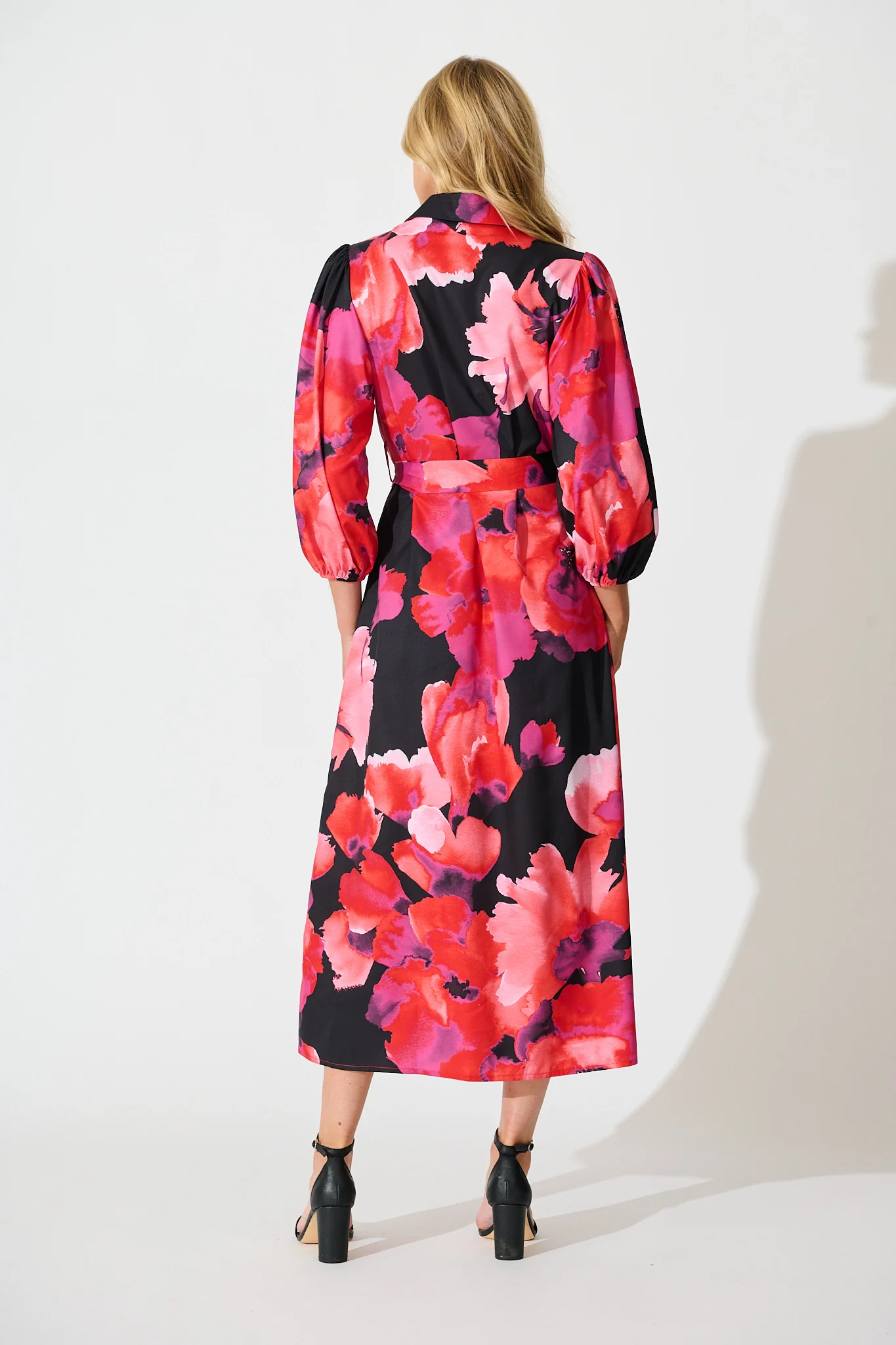 Gabi Maxi Shirt Dress In Black with Berry Watercolour Floral - Image 4
