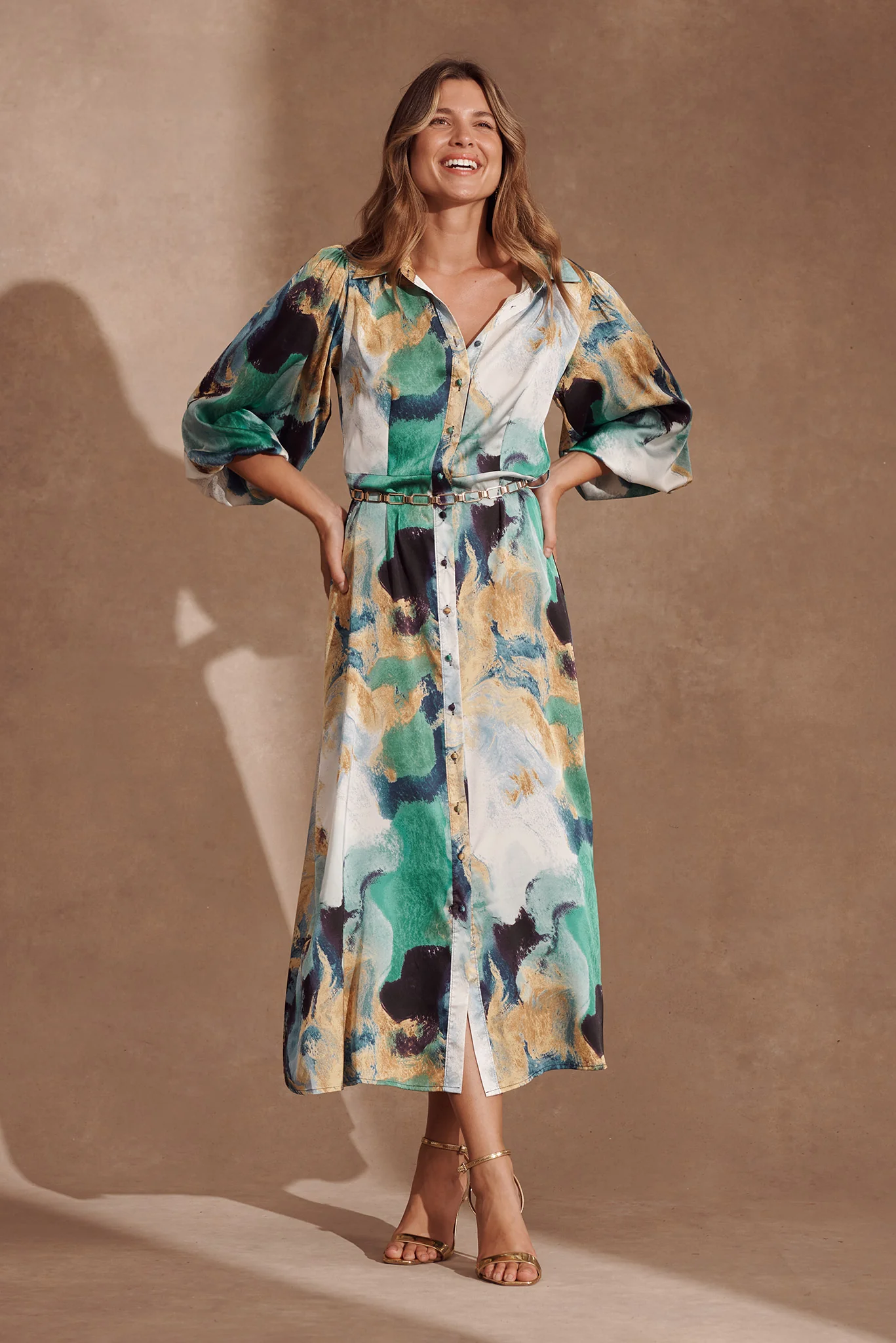 Gabi Maxi Shirt Dress In Blue Green Watercolour - Image 3