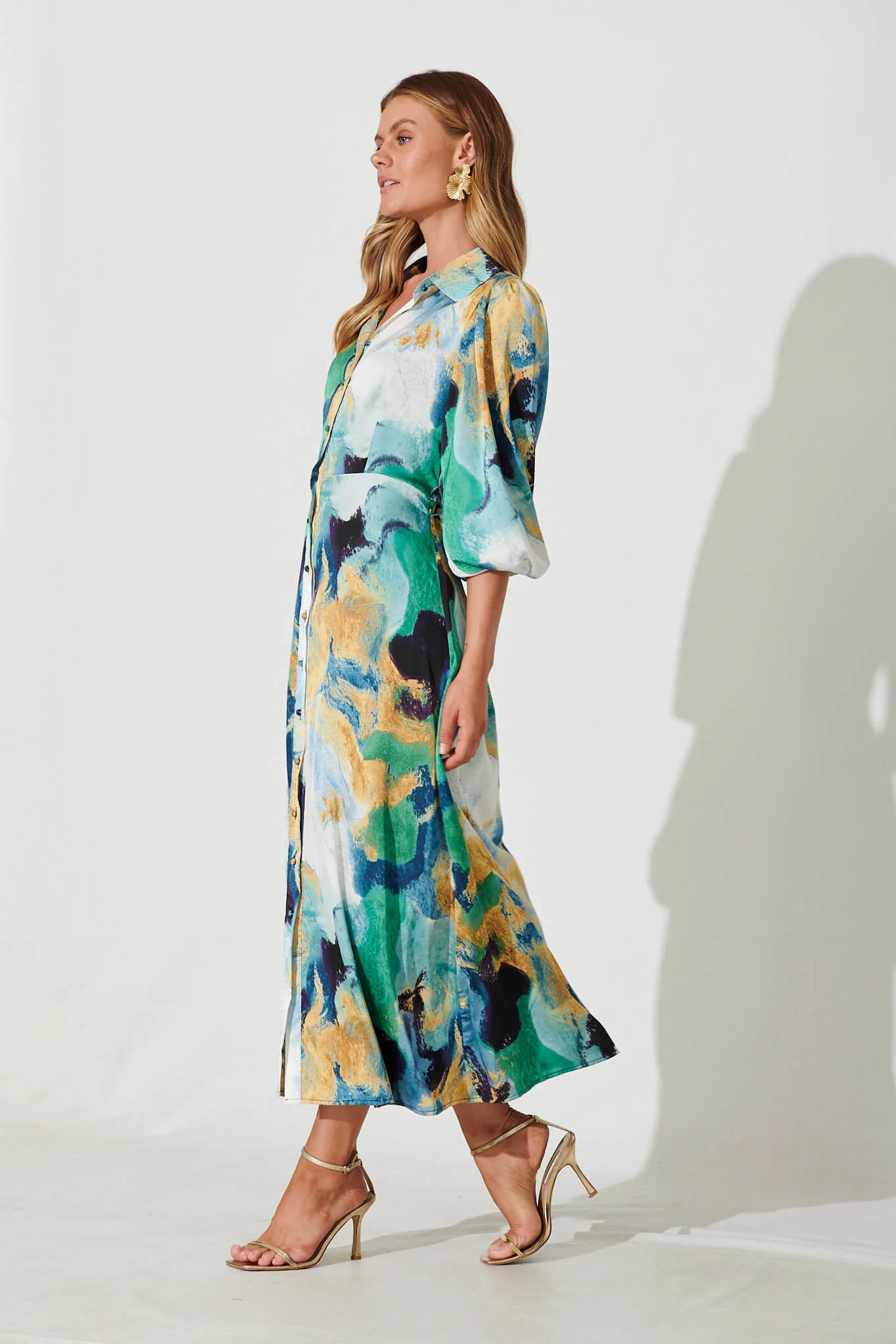 Gabi Maxi Shirt Dress In Blue Green Watercolour - Image 5