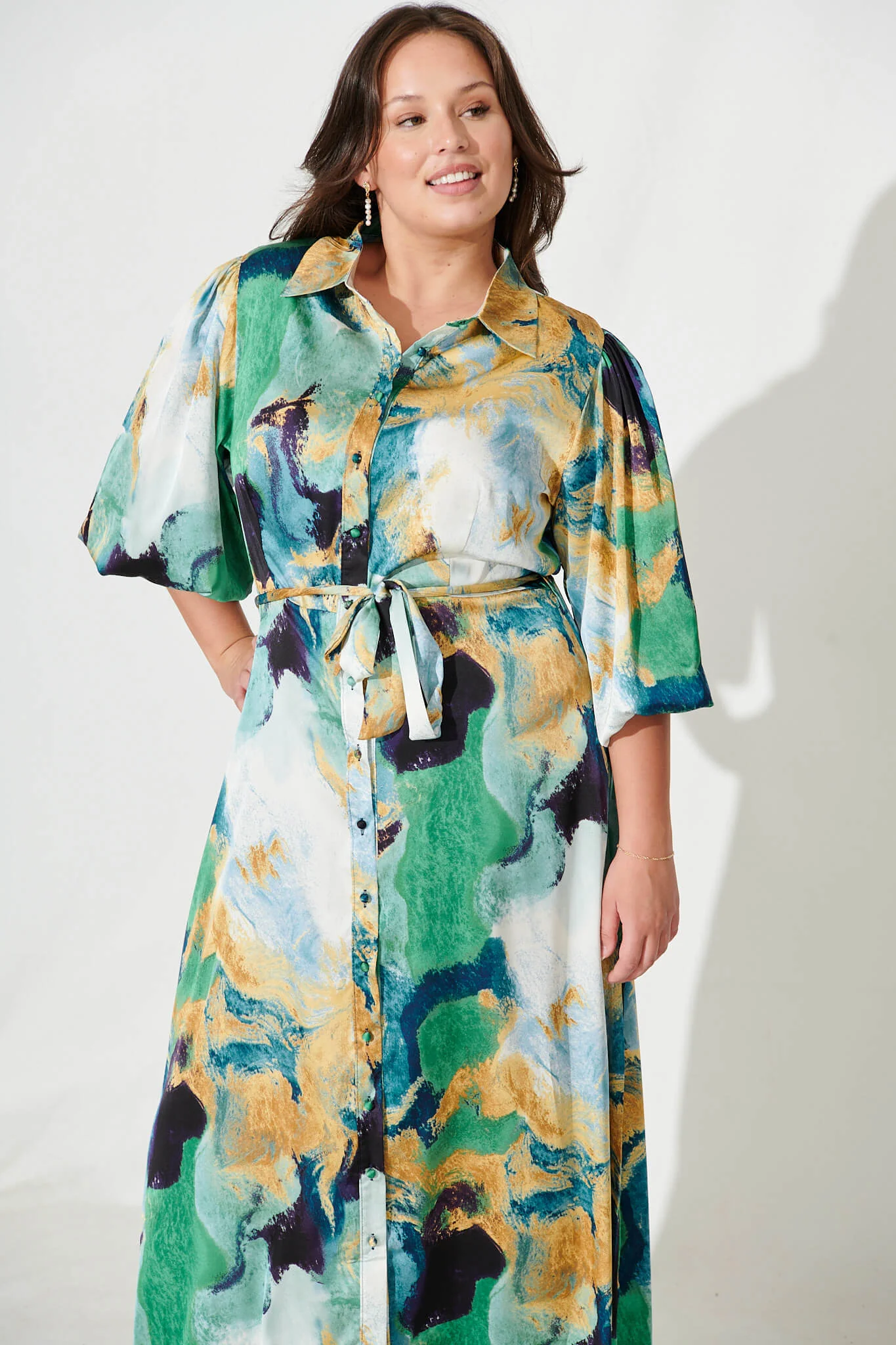 Gabi Maxi Shirt Dress In Blue Green Watercolour - Image 7