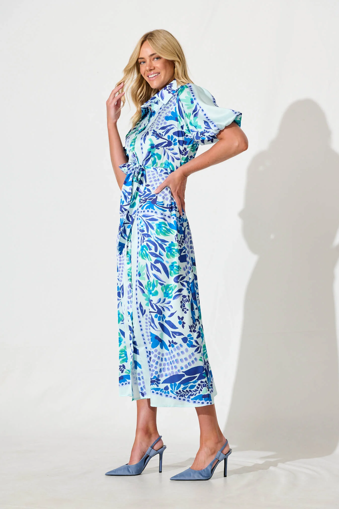 Gabriela Maxi Shirt Dress In Aqua with Blue Print Satin - Image 3