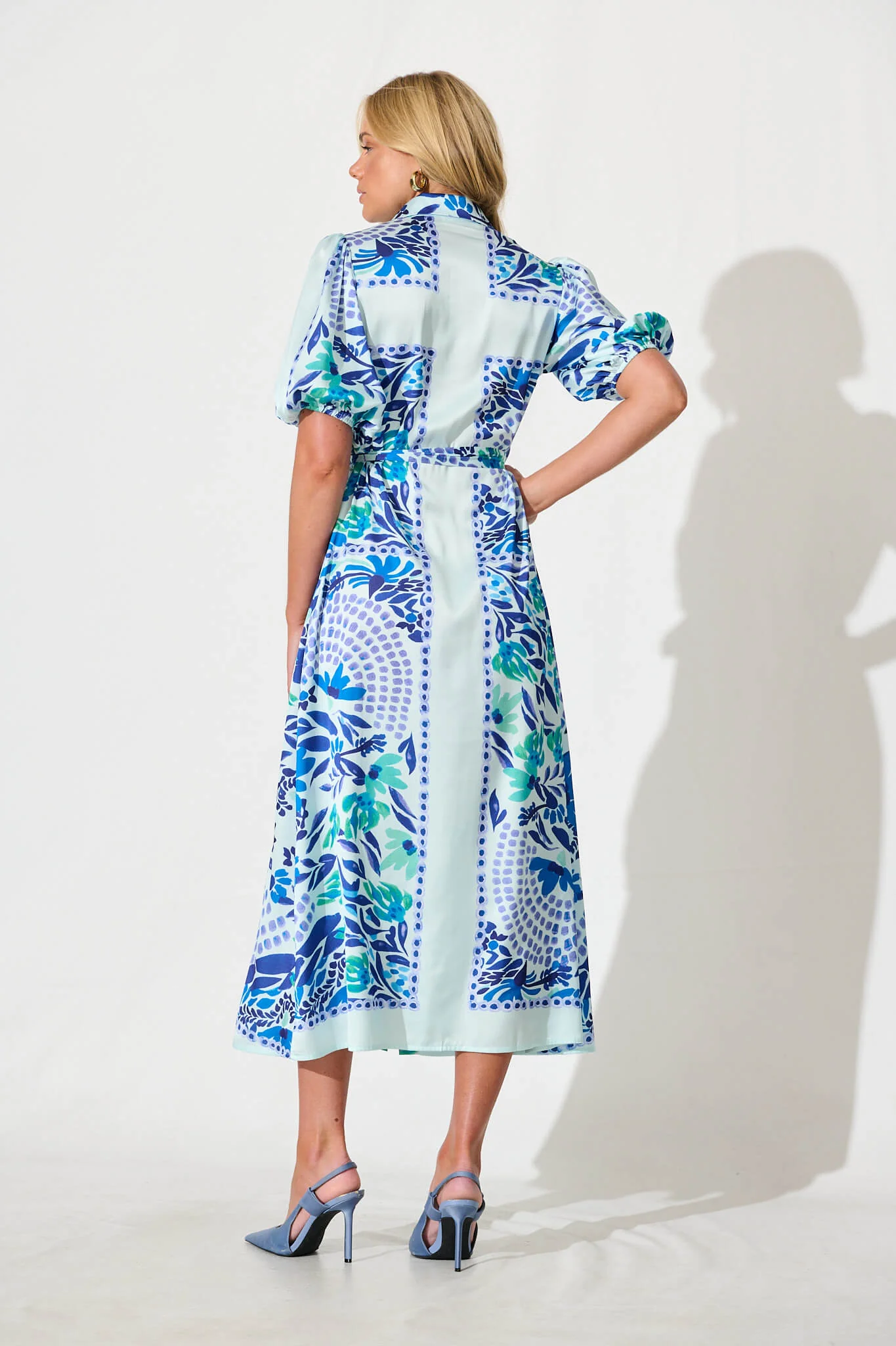 Gabriela Maxi Shirt Dress In Aqua with Blue Print Satin - Image 4