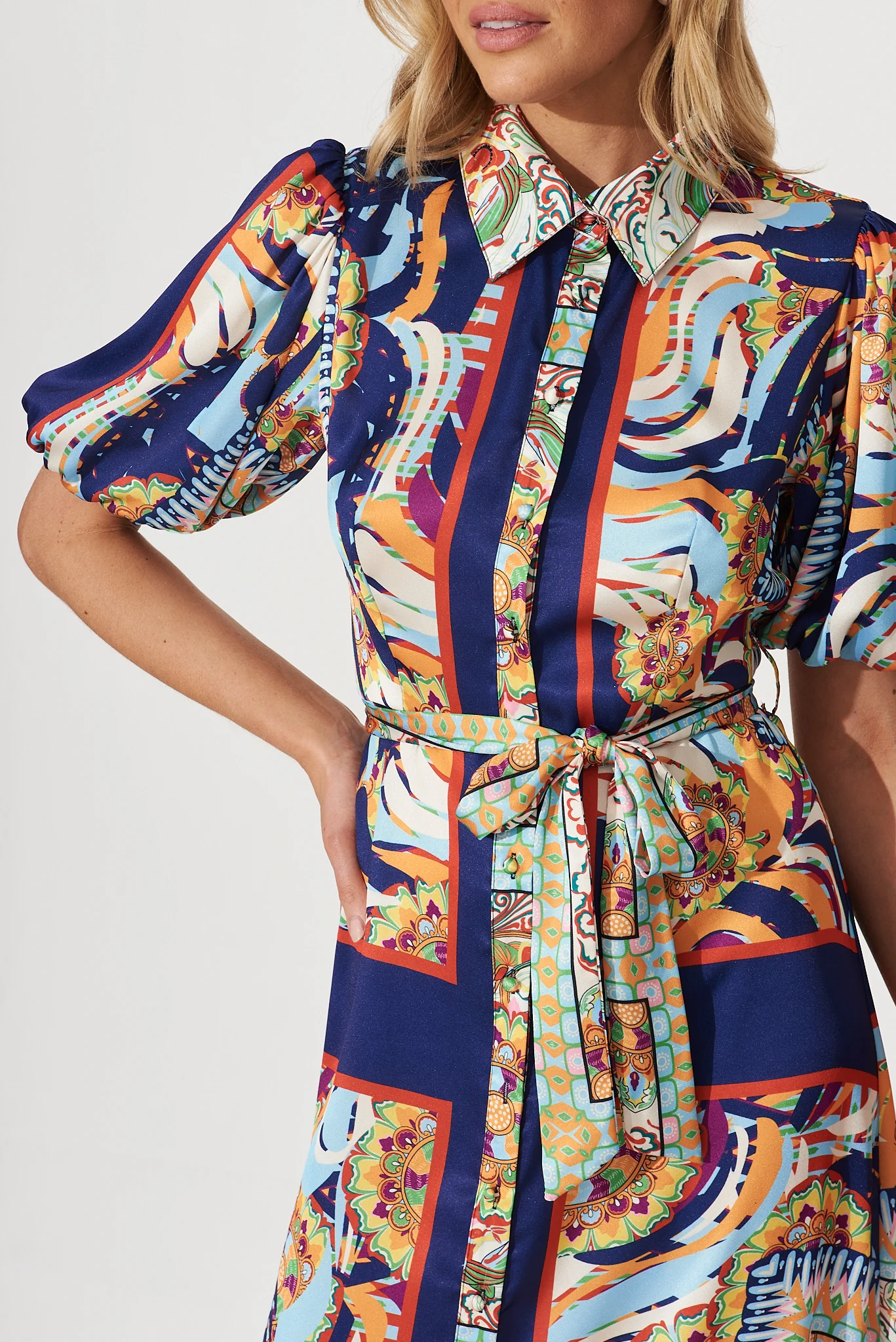 Gabriela Maxi Shirt Dress In Navy Multi Print Satin - Image 5