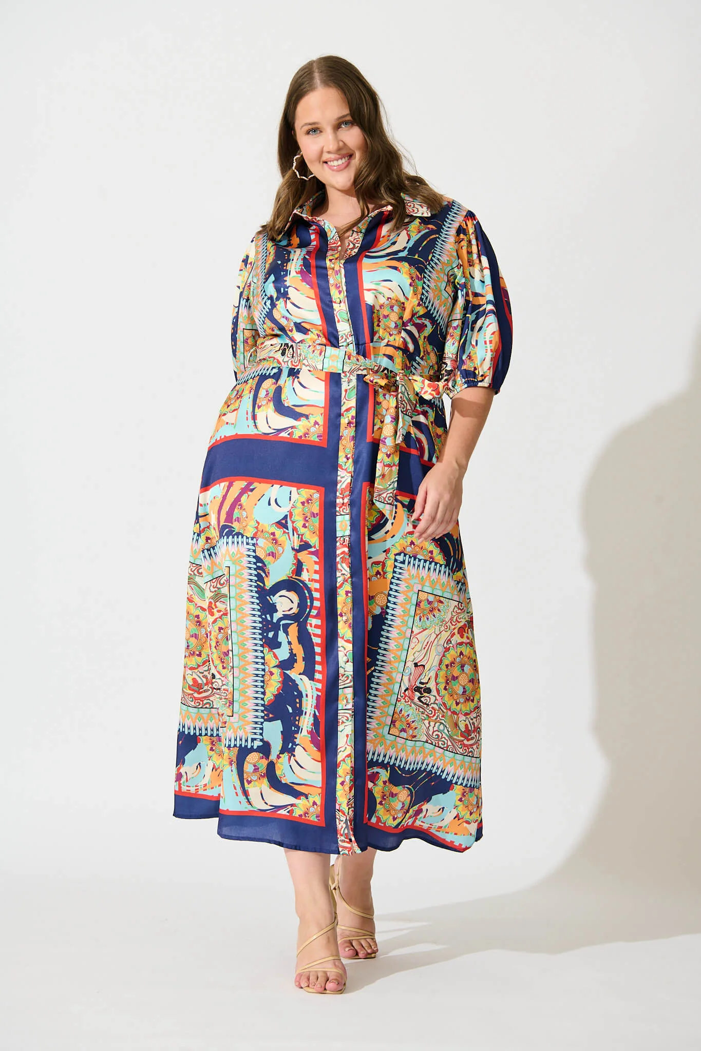 Gabriela Maxi Shirt Dress In Navy Multi Print Satin - Image 6