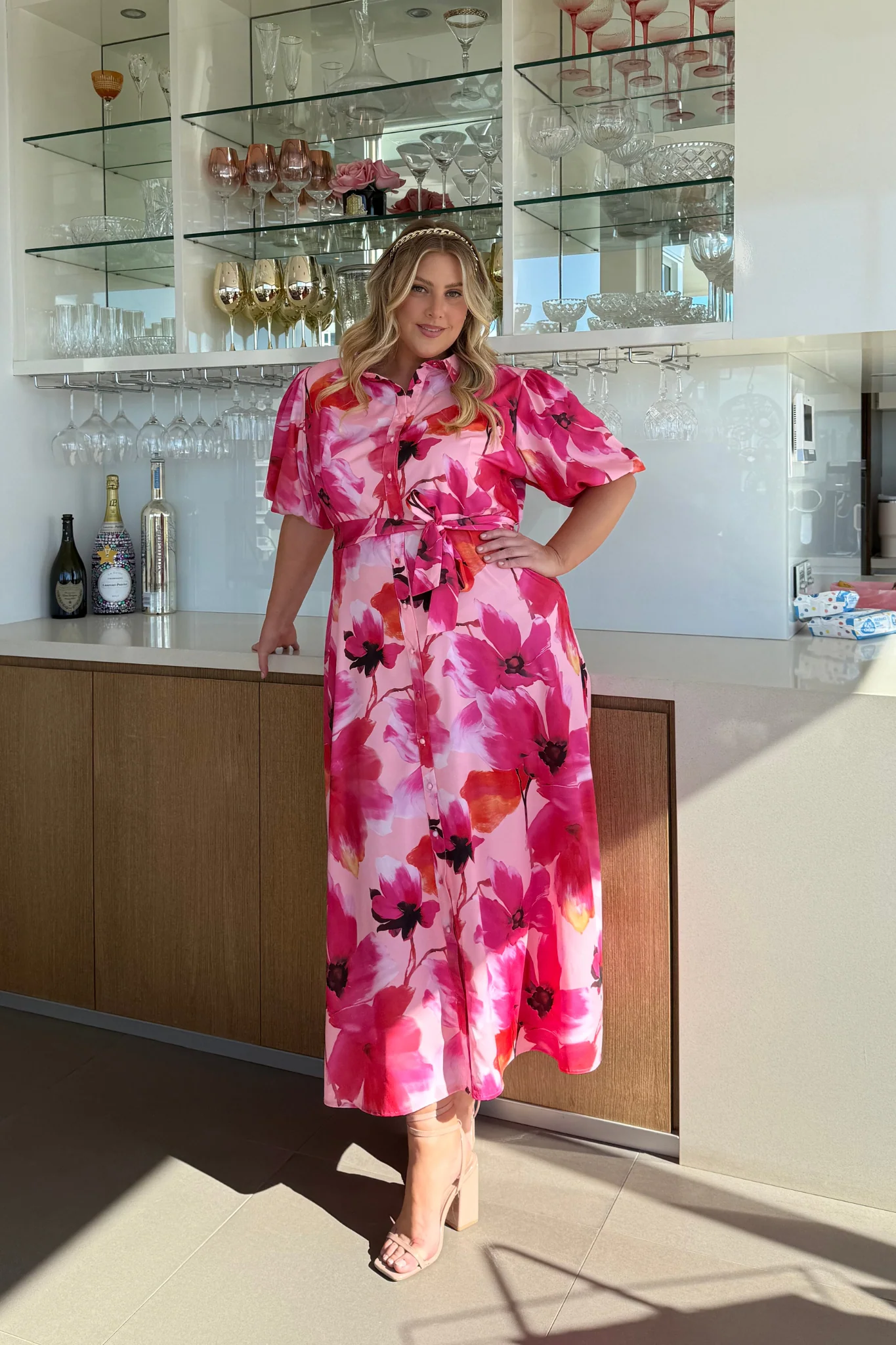 Gabriela Maxi Shirt Dress in Pink Floral Satin - Image 10