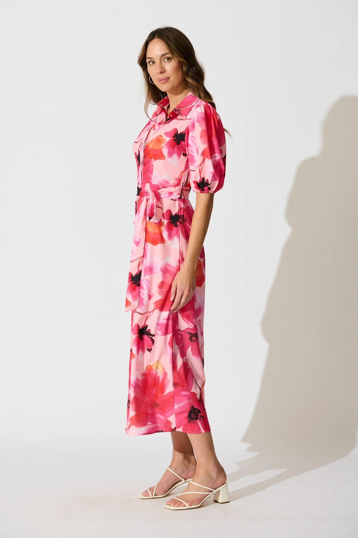 Gabriela Maxi Shirt Dress in Pink Floral Satin - Image 3