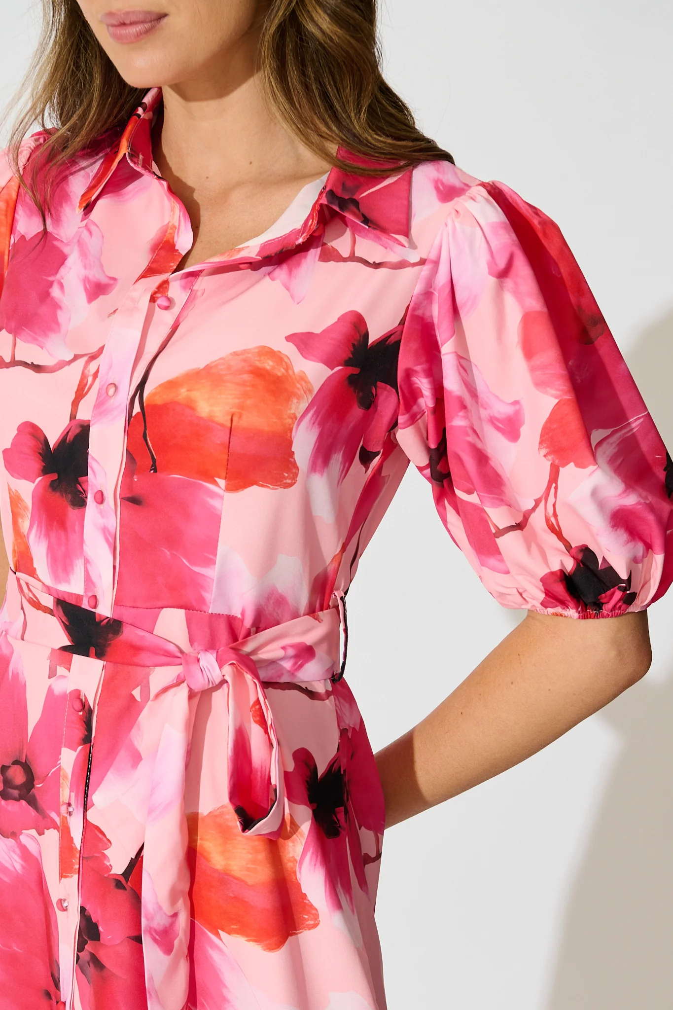 Gabriela Maxi Shirt Dress in Pink Floral Satin - Image 5