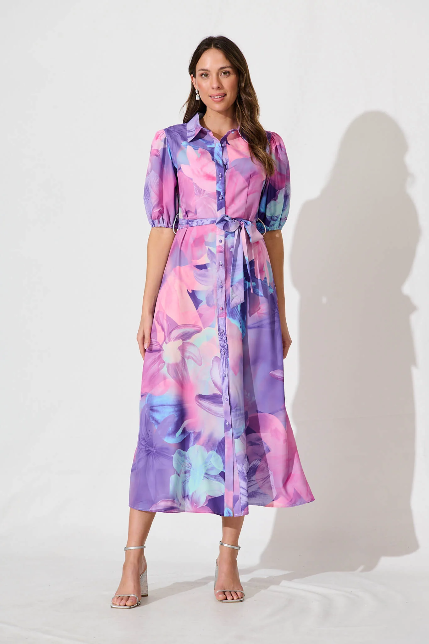 Gabriela Maxi Shirt Dress In Pink With Purple Floral