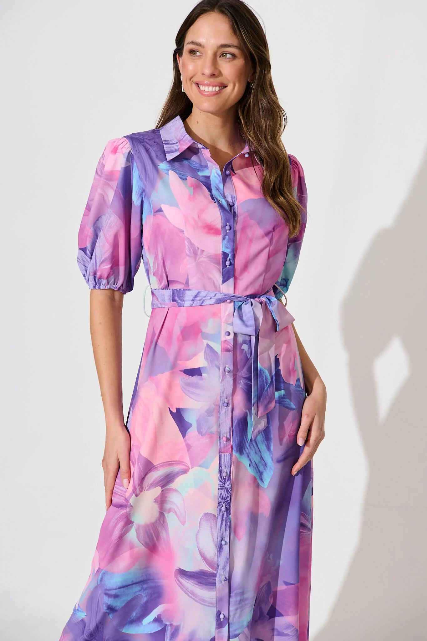 Gabriela Maxi Shirt Dress In Pink With Purple Floral - Image 2