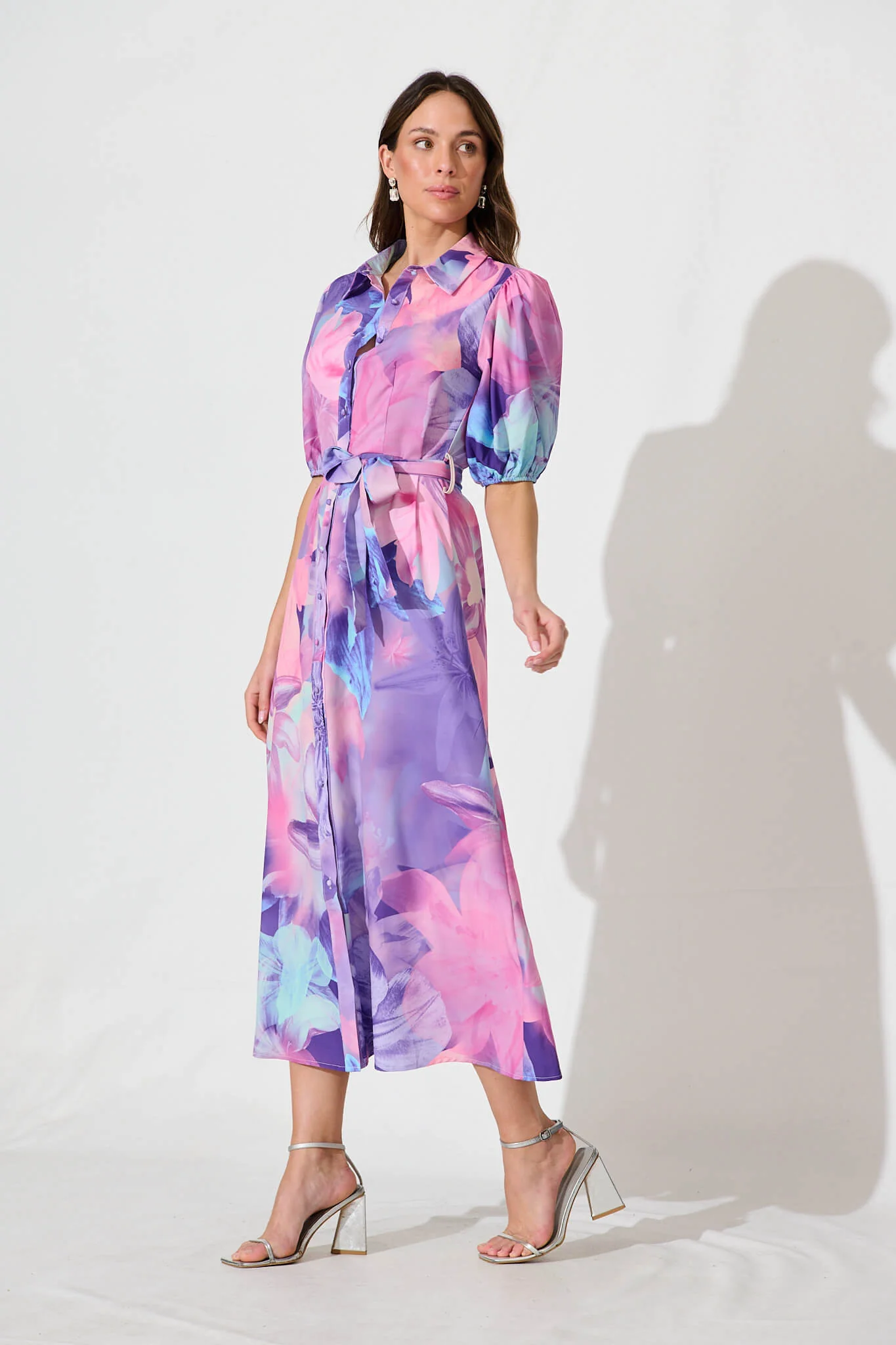 Gabriela Maxi Shirt Dress In Pink With Purple Floral - Image 3