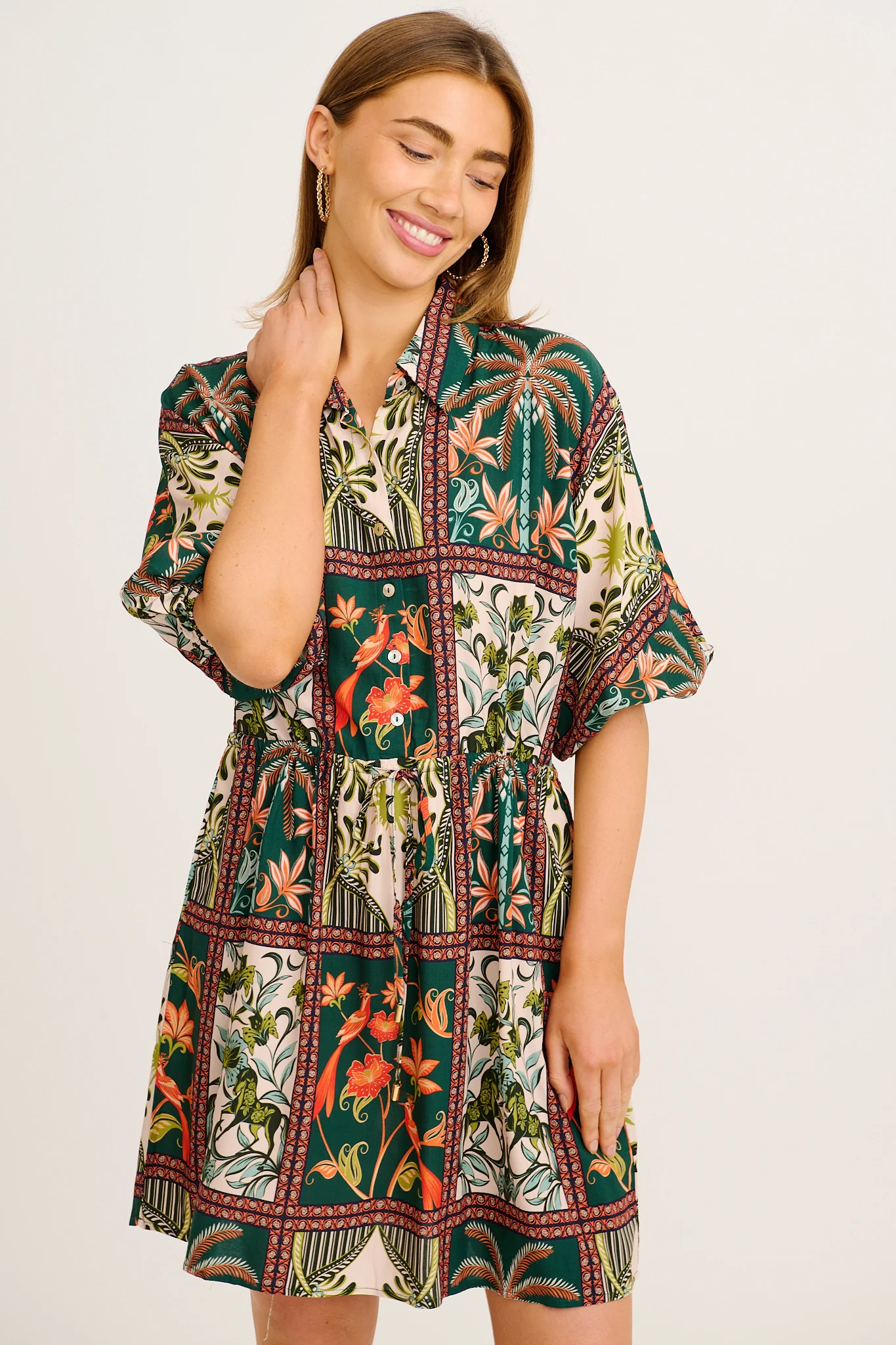 Garden Of Tiles Shirt Dress in Green Tile Print - Image 2
