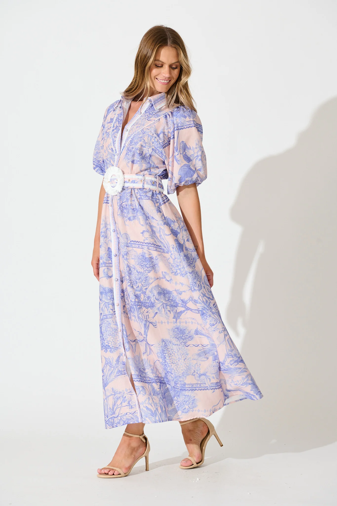 Garden Spritz Maxi Shirt Dress in Blush with Blue Linen Blend - Image 3