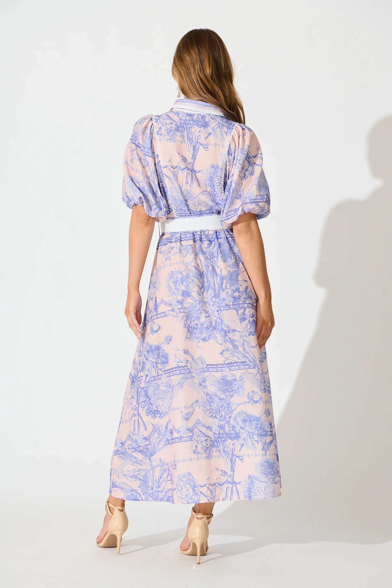 Garden Spritz Maxi Shirt Dress in Blush with Blue Linen Blend - Image 4