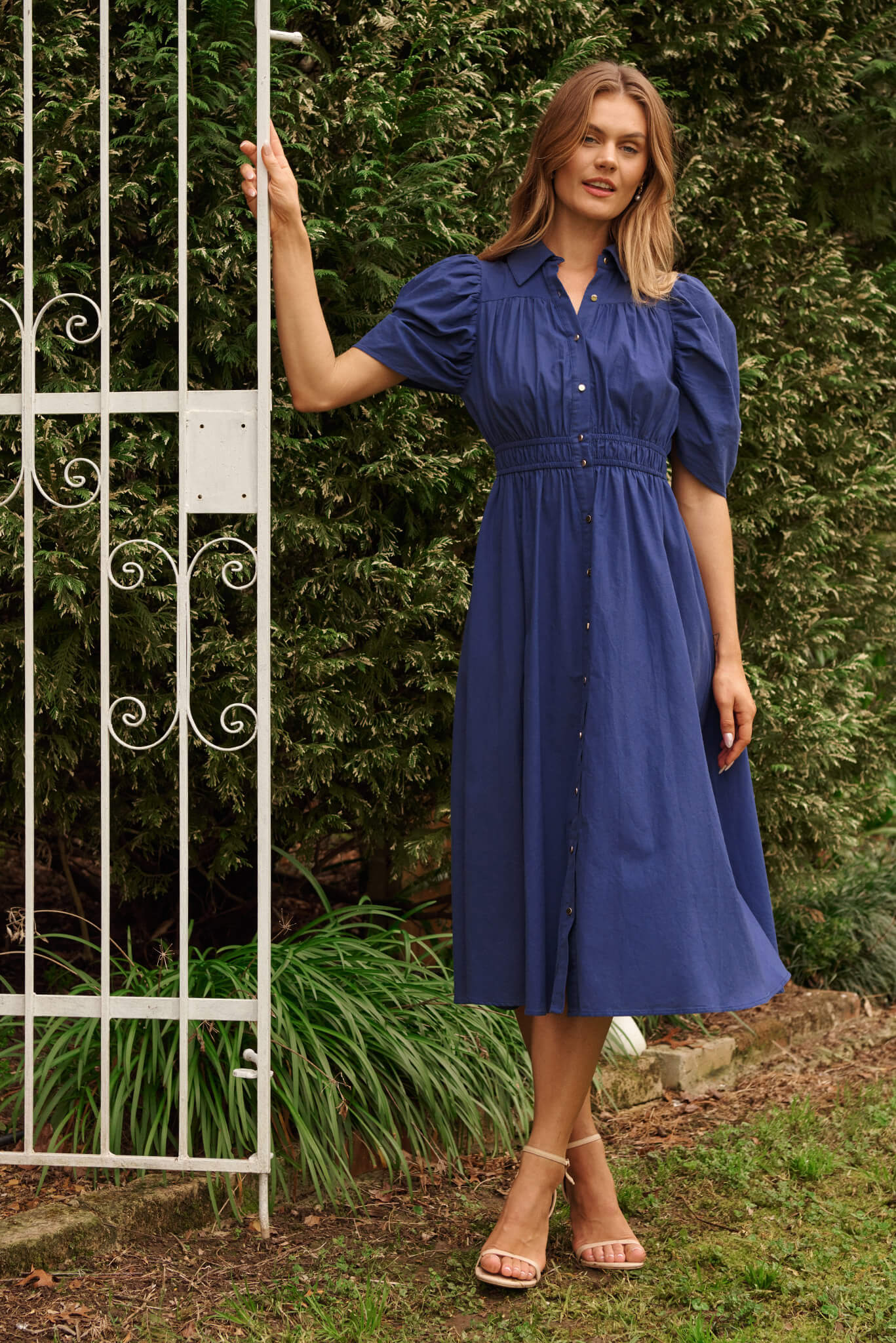 Gemini Midi Shirt Dress In Navy Cotton - Image 4