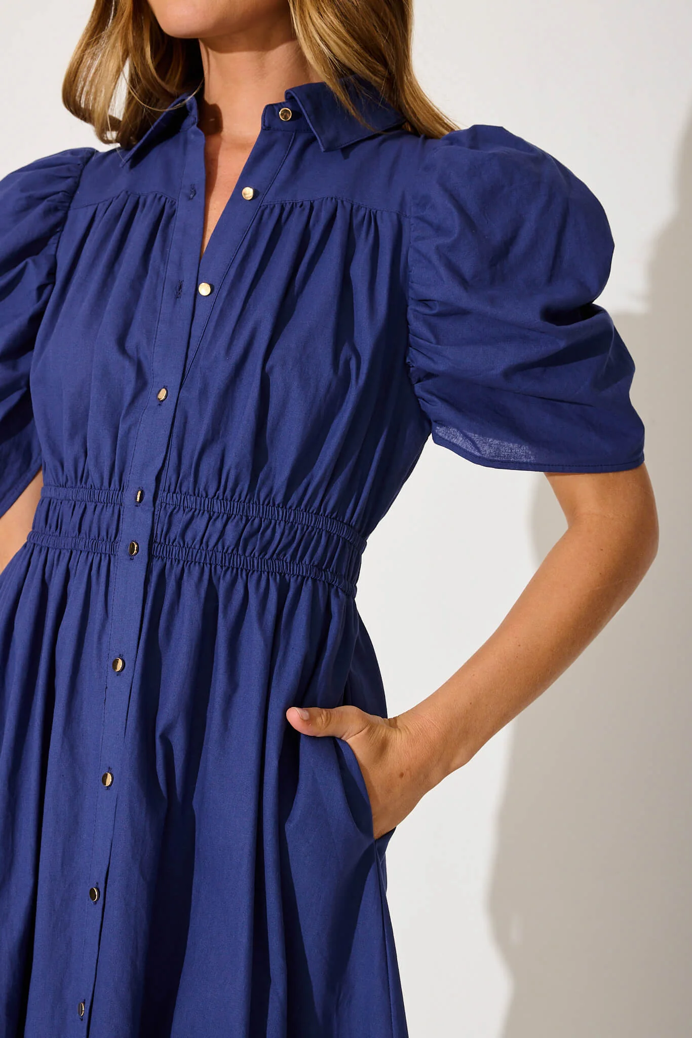 Gemini Midi Shirt Dress In Navy Cotton - Image 9