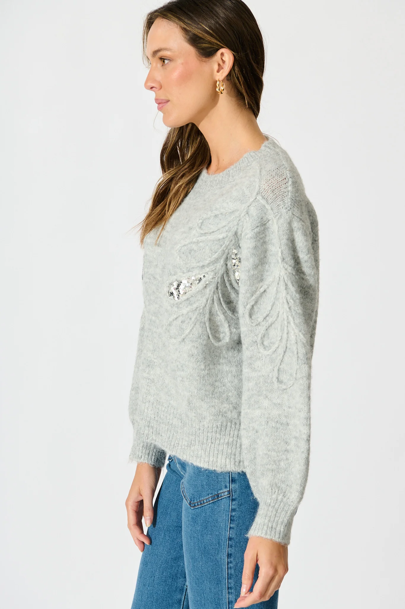 Gemma Knit in Grey Marle with Silver Sequin Wool Blend - Image 2