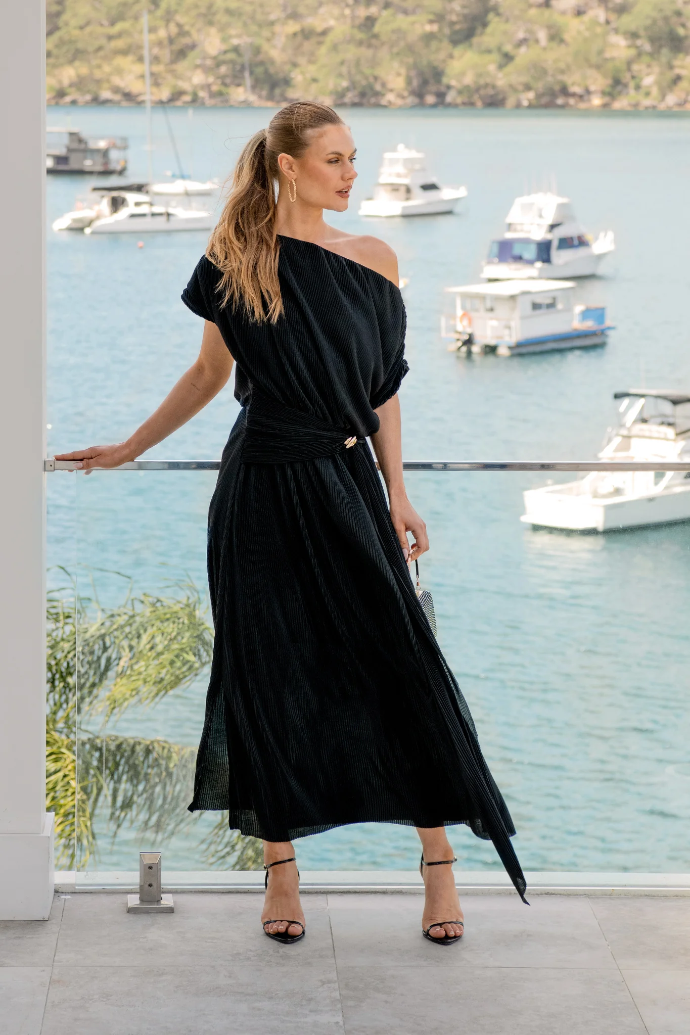 Gena Off Shoulder Maxi Dress in Black Plisse