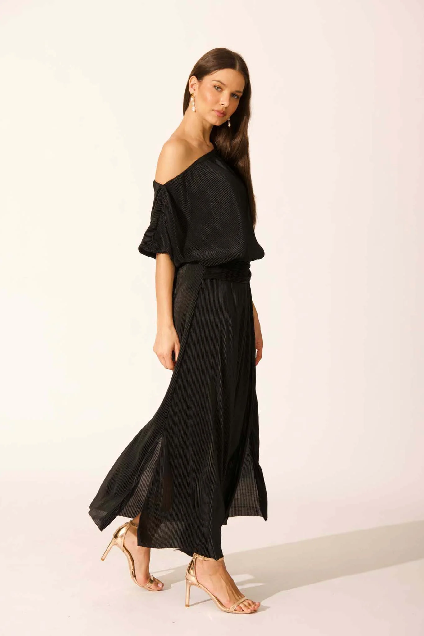 Gena Off Shoulder Maxi Dress in Black Plisse - Image 8