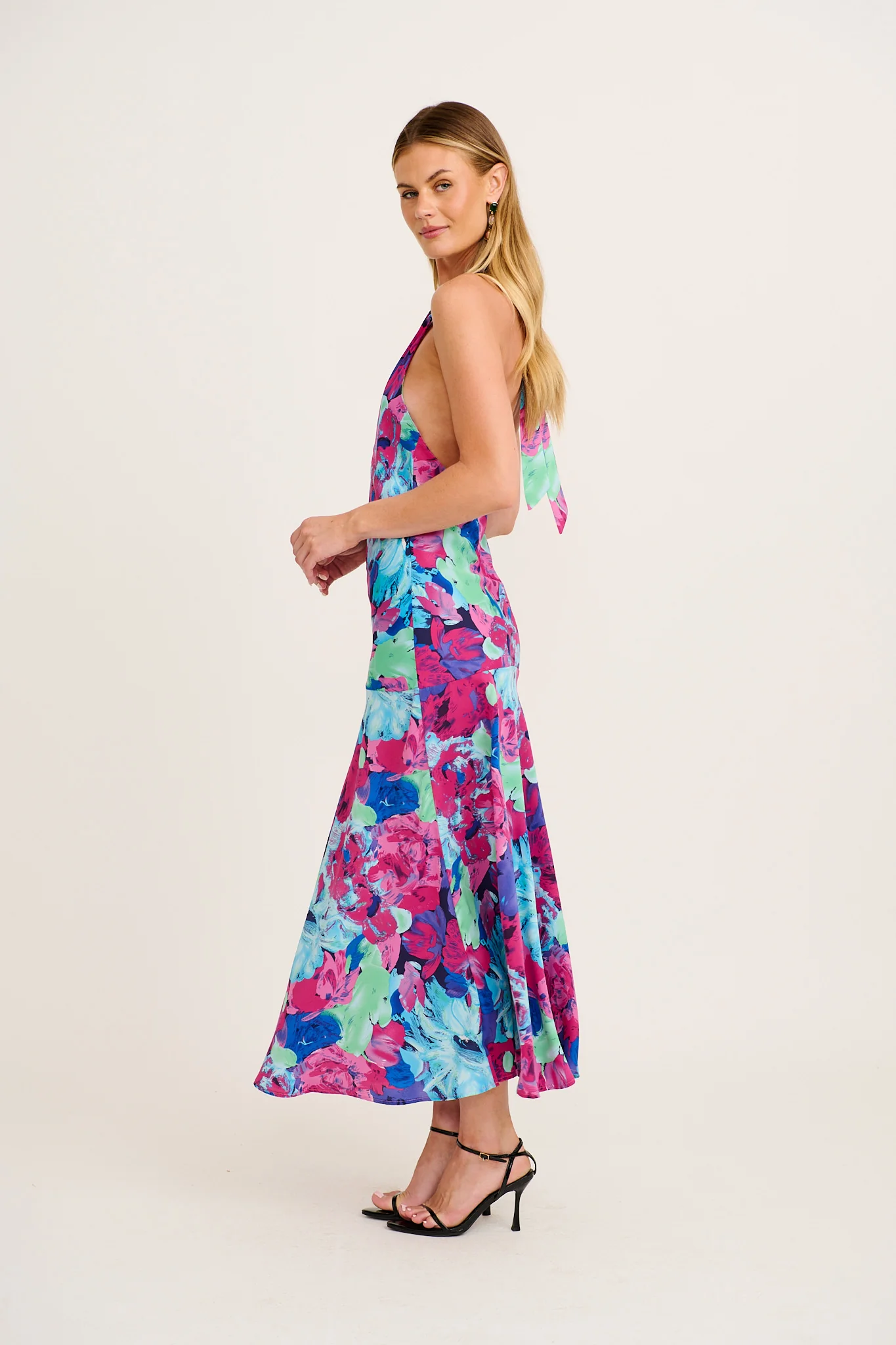 Glaze Halter Neck Maxi Dress in Multi Watercolour Satin - Image 3