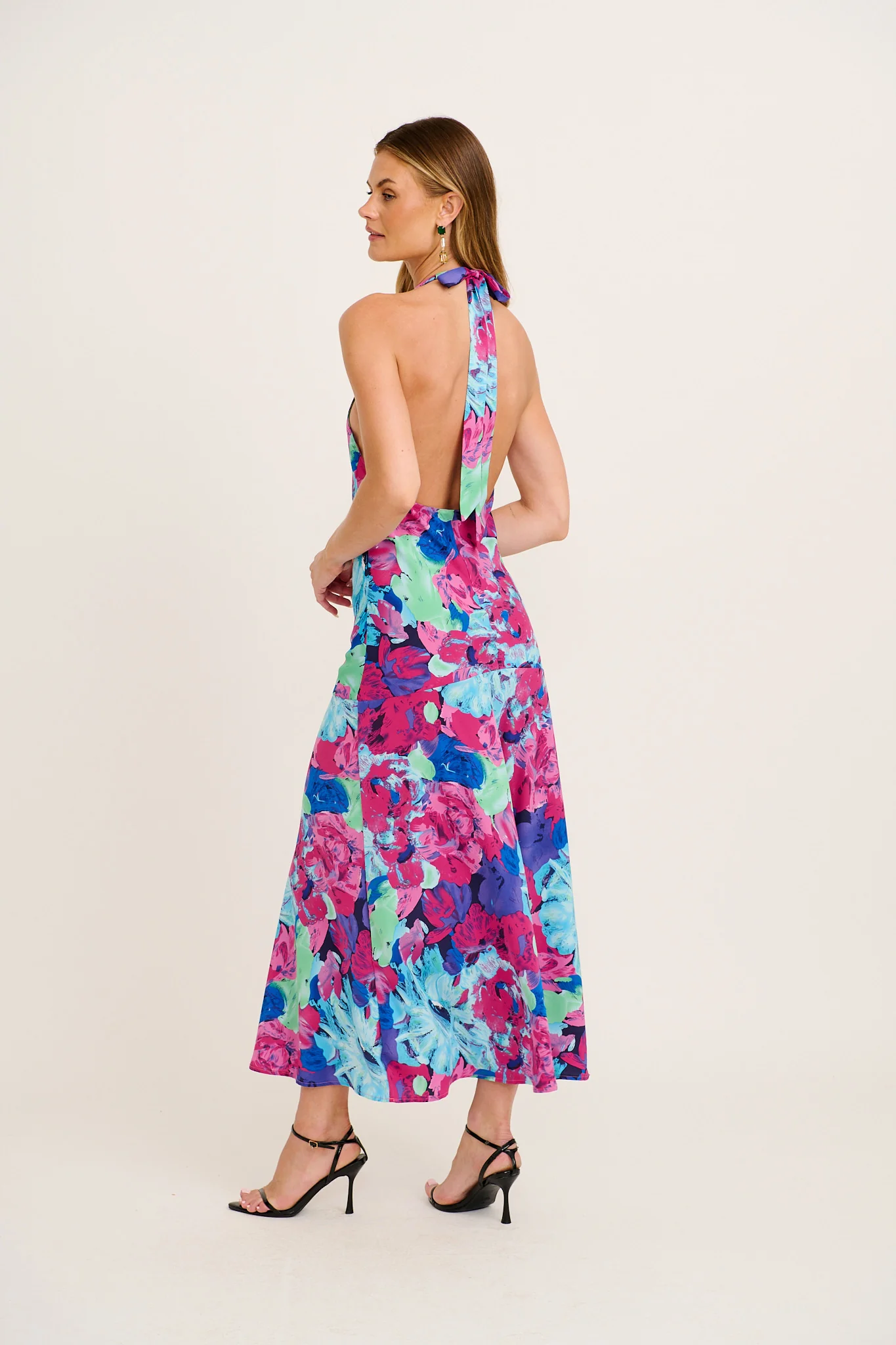 Glaze Halter Neck Maxi Dress in Multi Watercolour Satin - Image 4