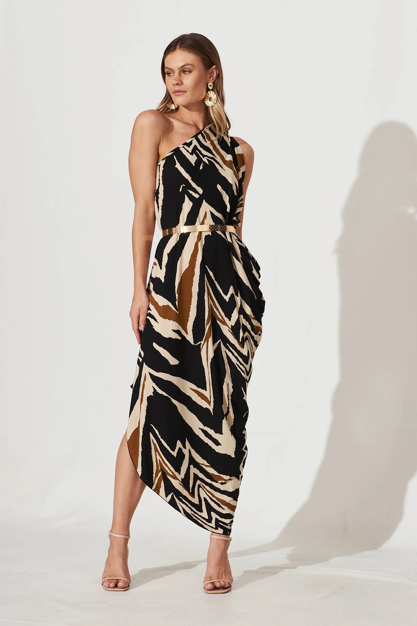 Goddess One Shoulder Maxi Dress In Black And Beige Print