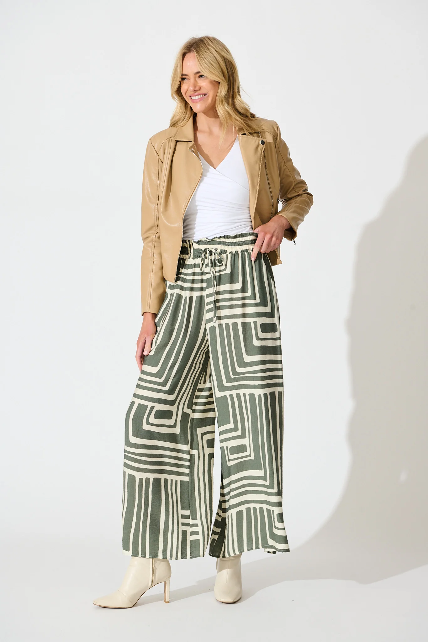 Goldie Pant in Cream and Green Geometric Print - Image 4