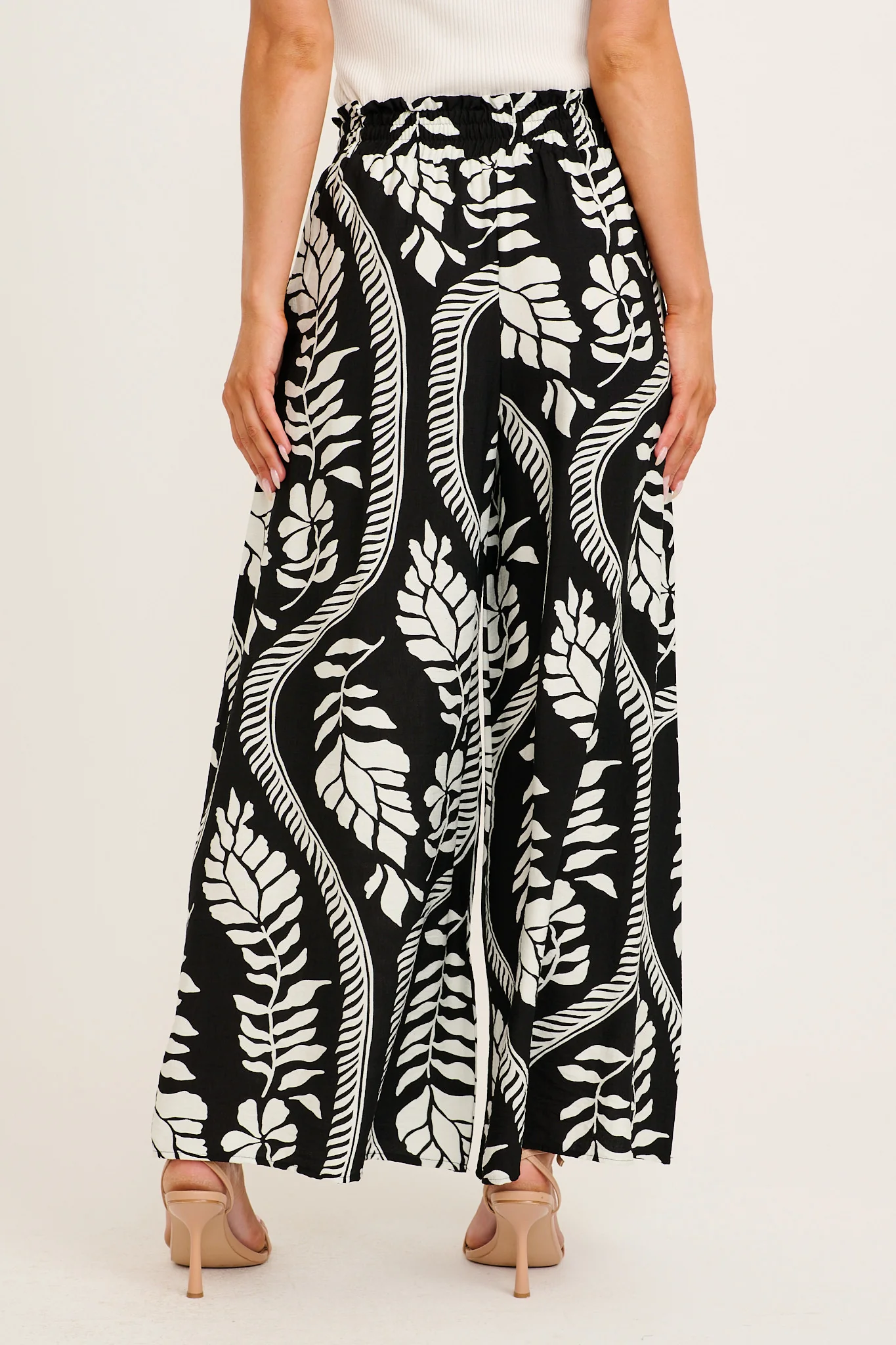 Goldie Wide Leg Pant in Black with White Leaf Print - Image 3