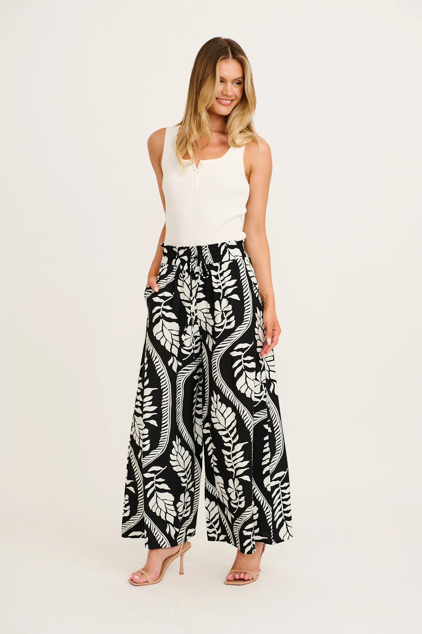Goldie Wide Leg Pant in Black with White Leaf Print - Image 4