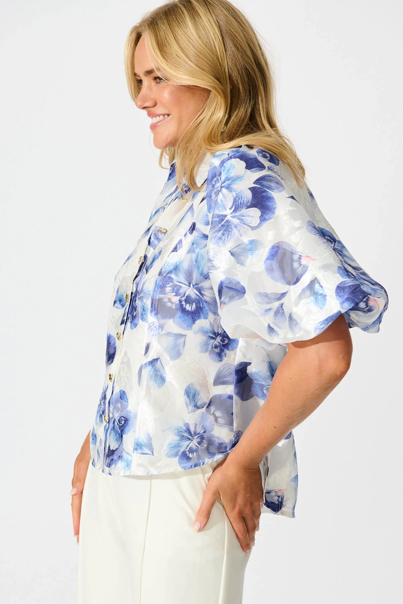 Good love Shirt in White with Blue Floral Organza - Image 6