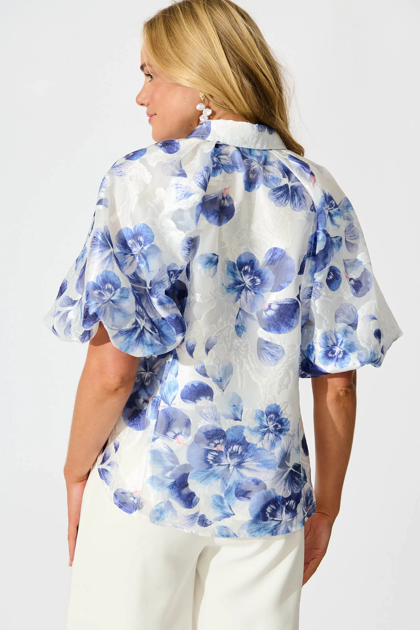 Good love Shirt in White with Blue Floral Organza - Image 7