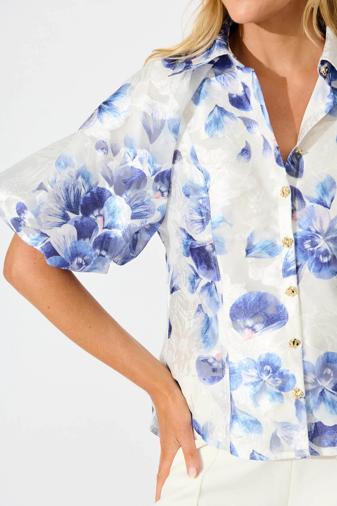 Good love Shirt in White with Blue Floral Organza - Image 9