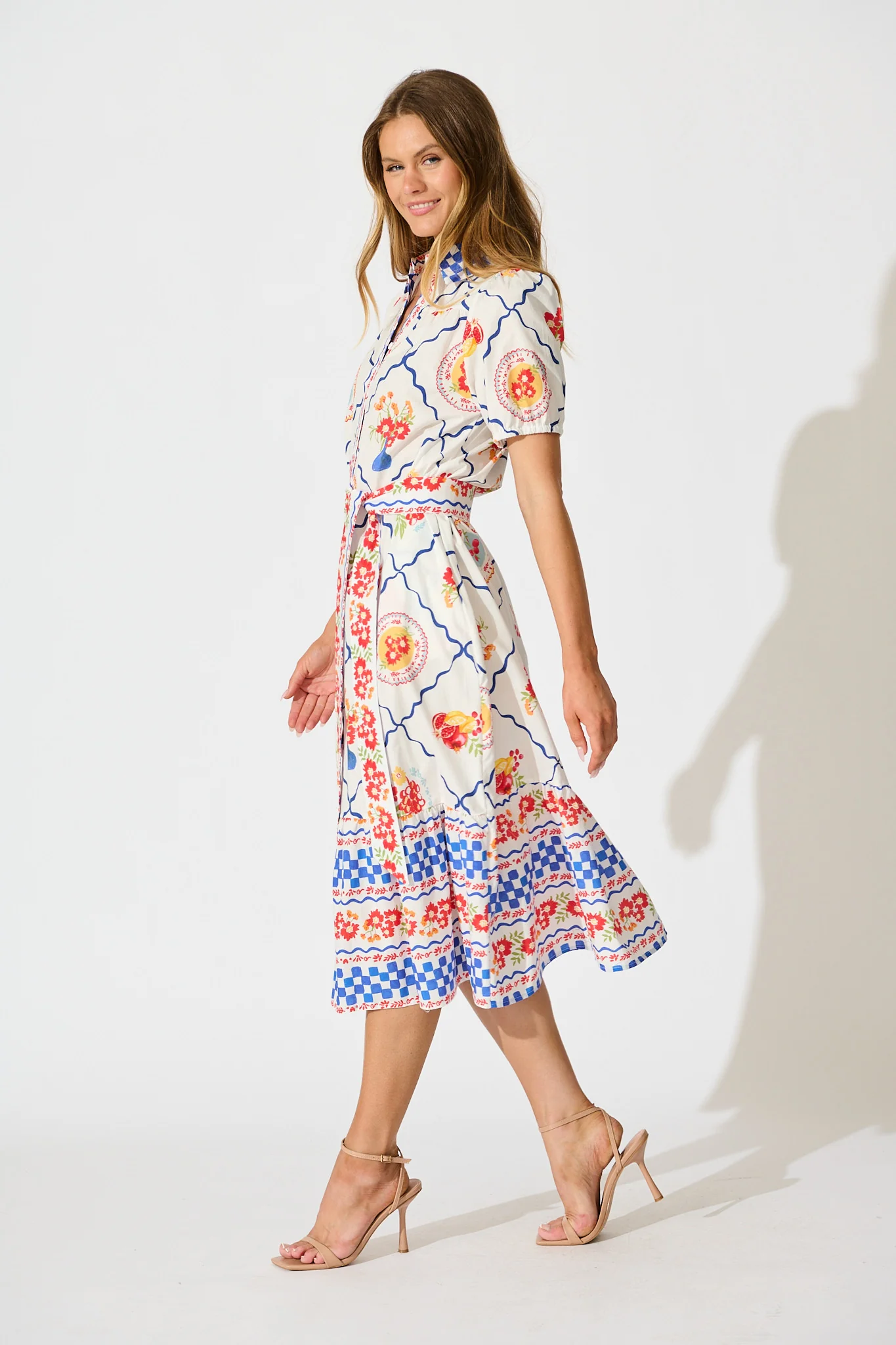 Gorgina Midi Shirt Dress in White Multi Tile Cotton - Image 3