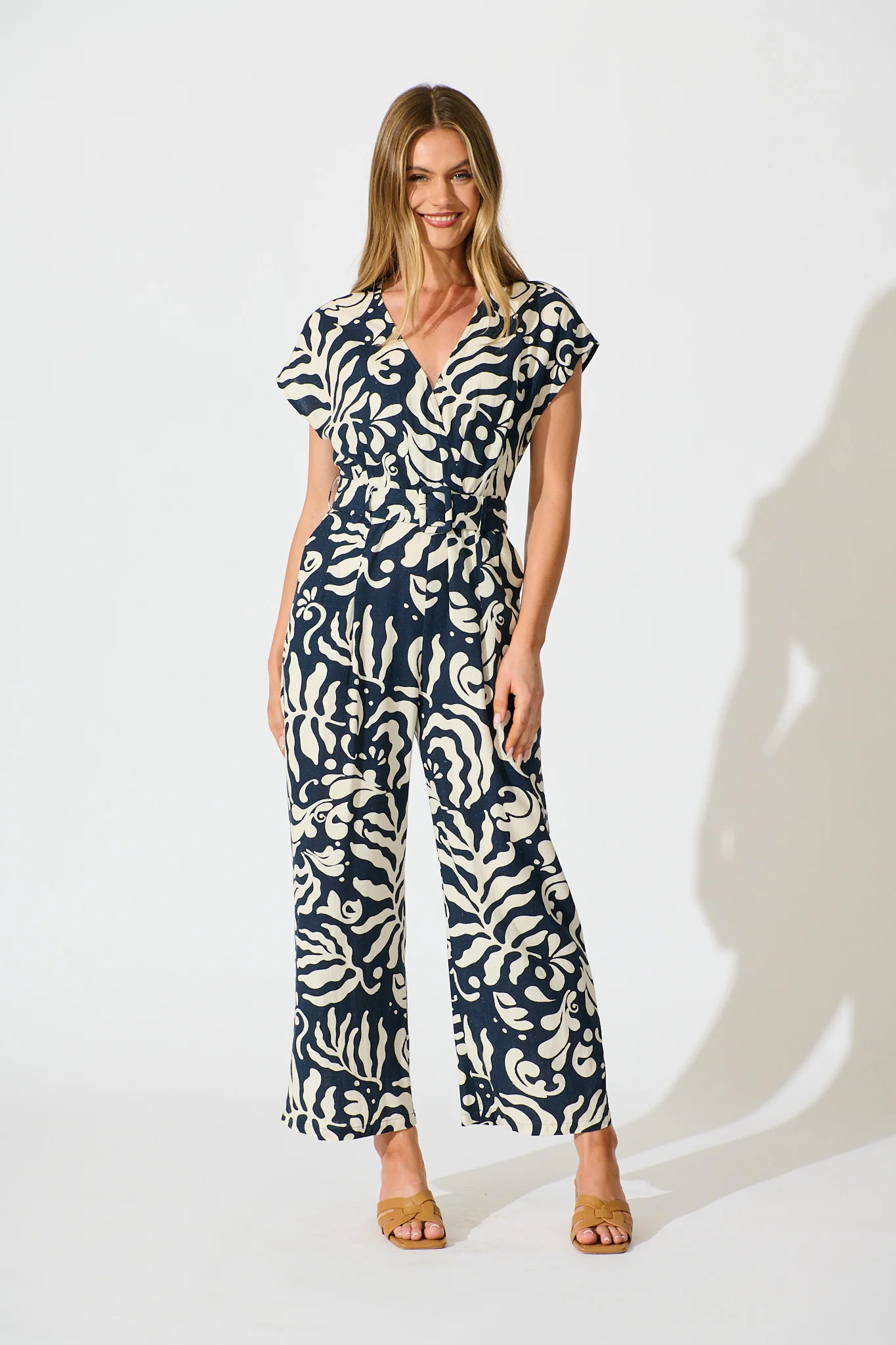 Gracella Jumpsuit in Navy and Cream Linen Blend