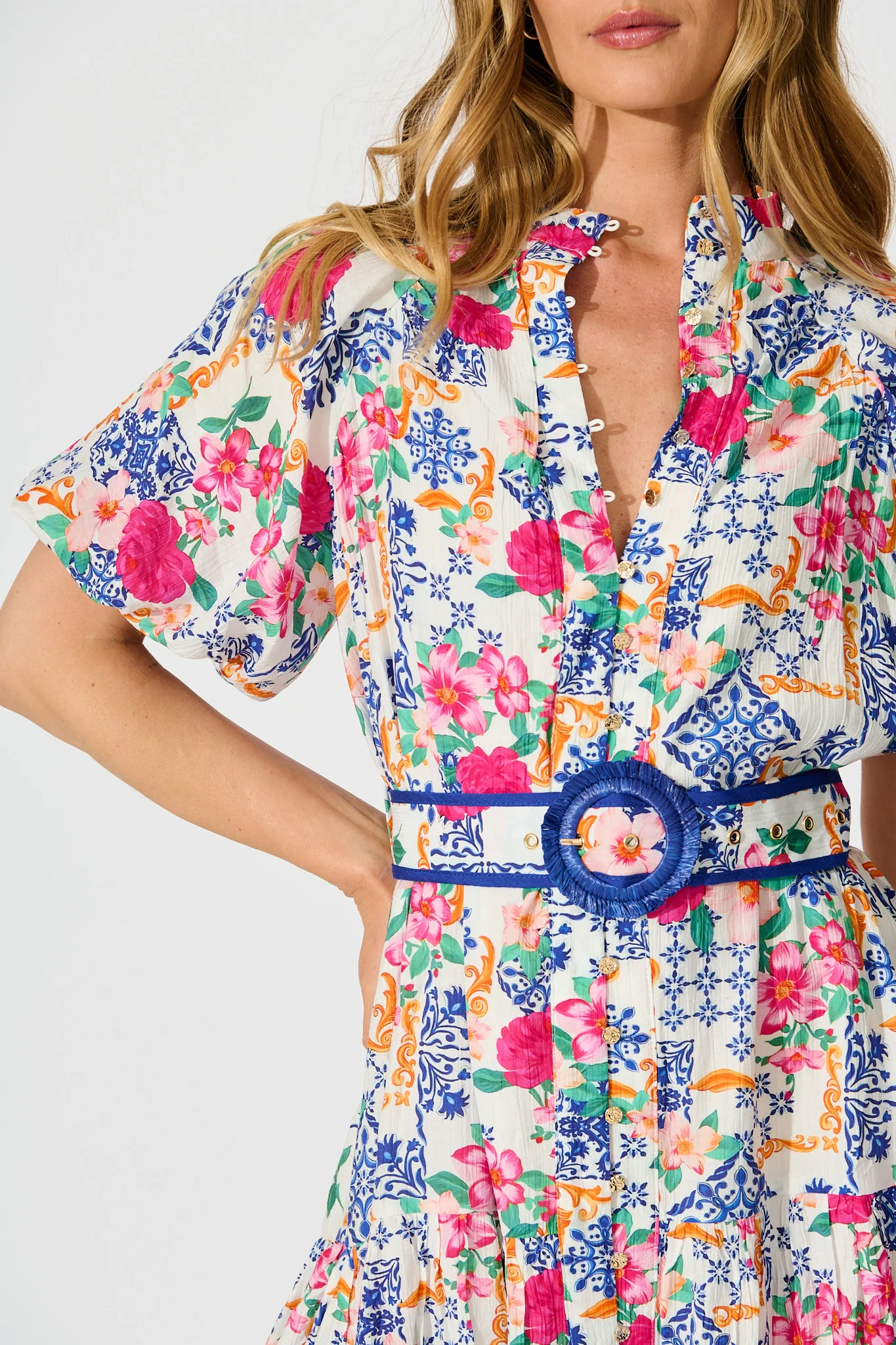 Graciana Dress in Blue with Multi Patchwork Floral - Image 5