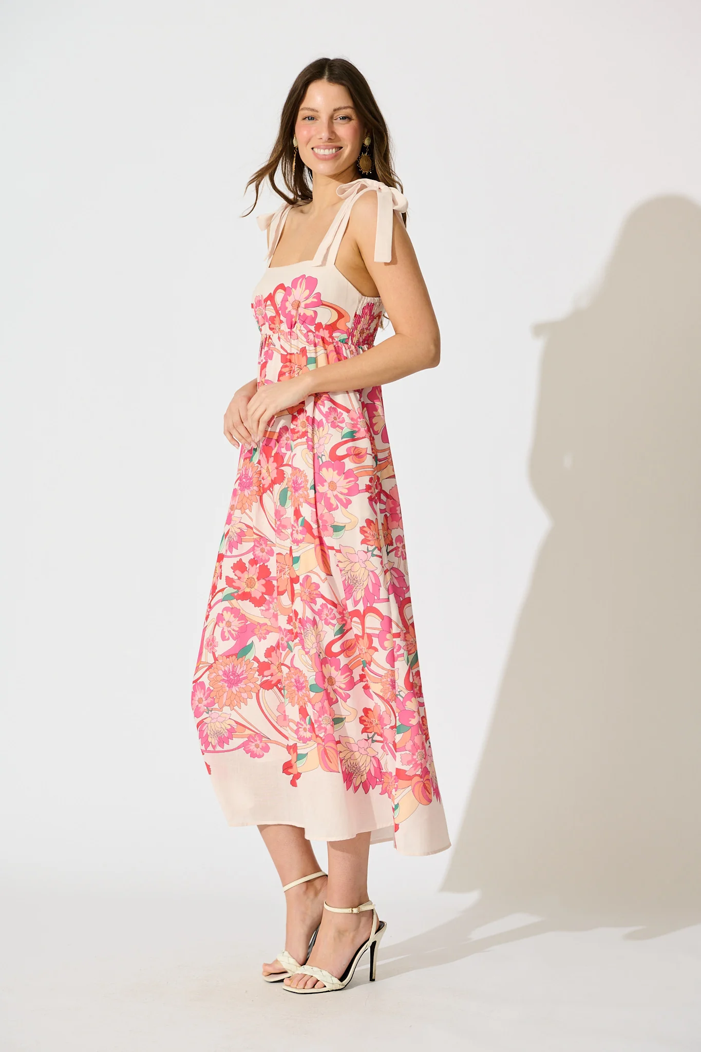 Grazia Maxi Sundress in Cream with Pink Multi Linen Blend - Image 3